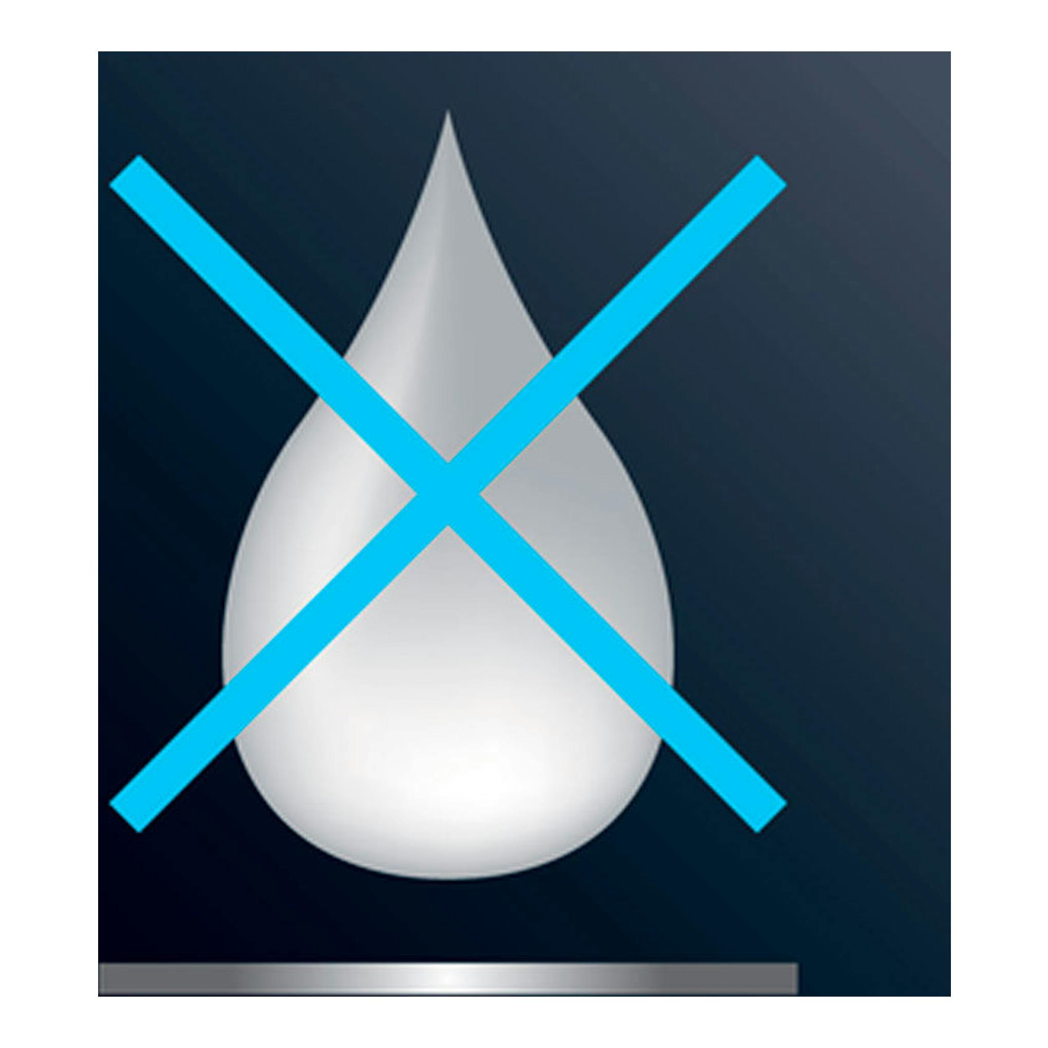 Icono de gota de agua blanca tachada con una X azul sobre fondo oscuro.