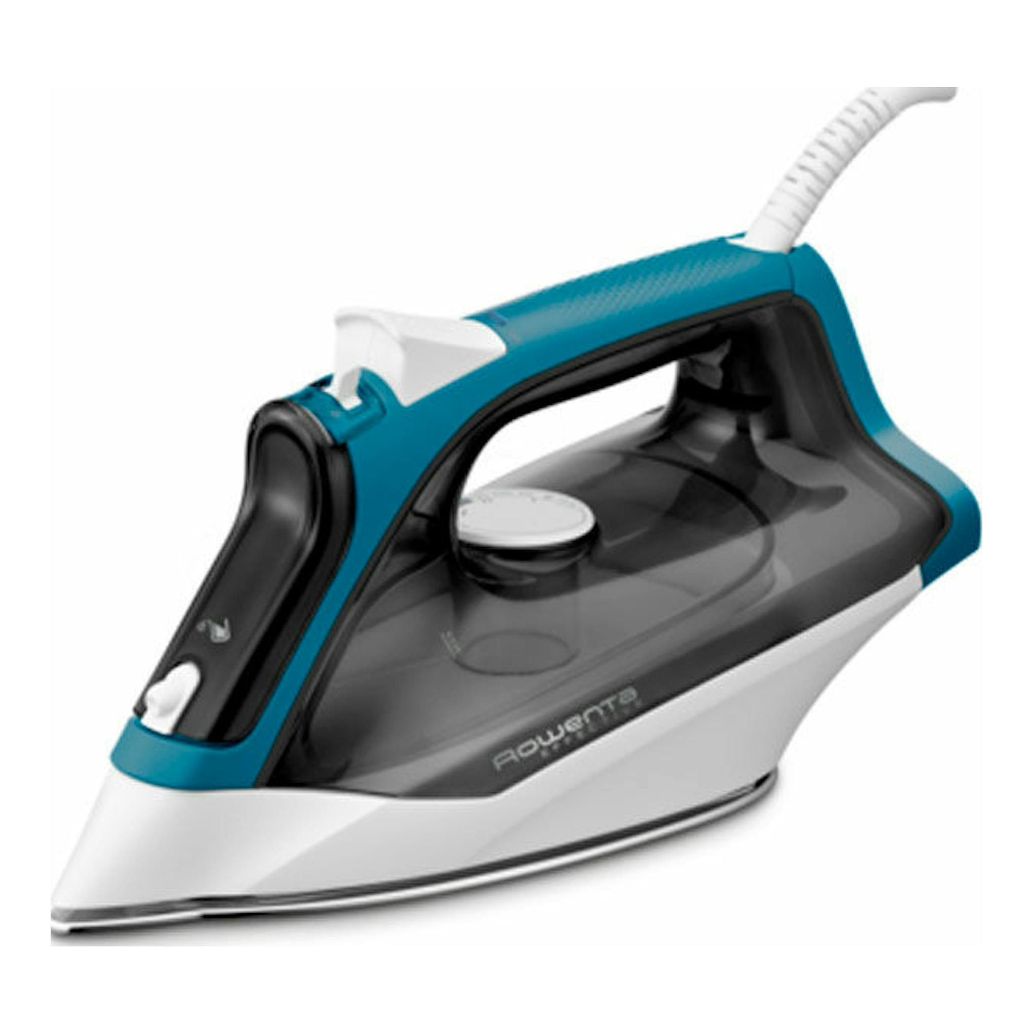 Plancha de vapor Rowenta DX1550D1, vista lateral, azul, blanca y negra, sobre fondo blanco.