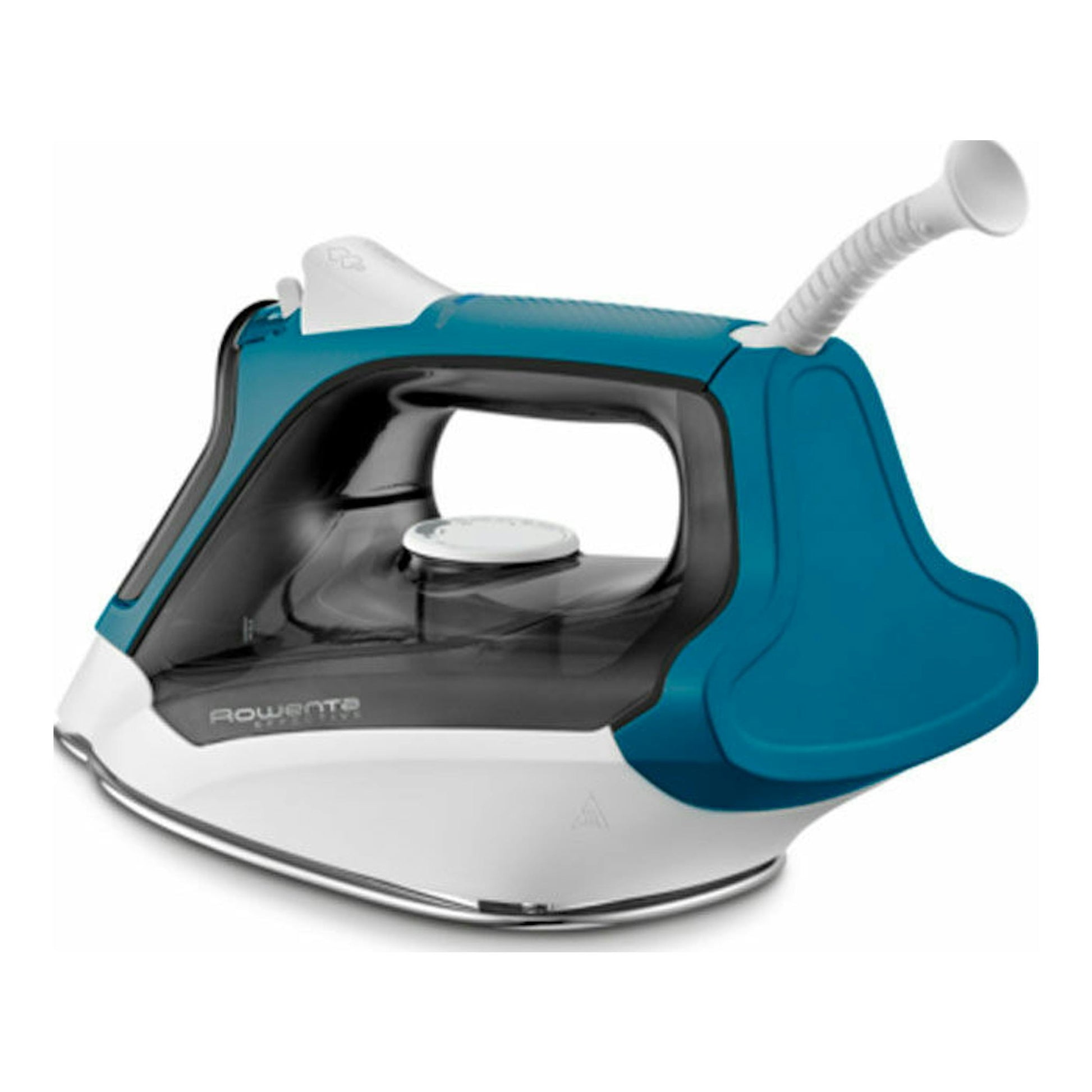 Plancha de vapor Rowenta DX1550D1 azul, negra y blanca, vista lateral sobre fondo blanco.
