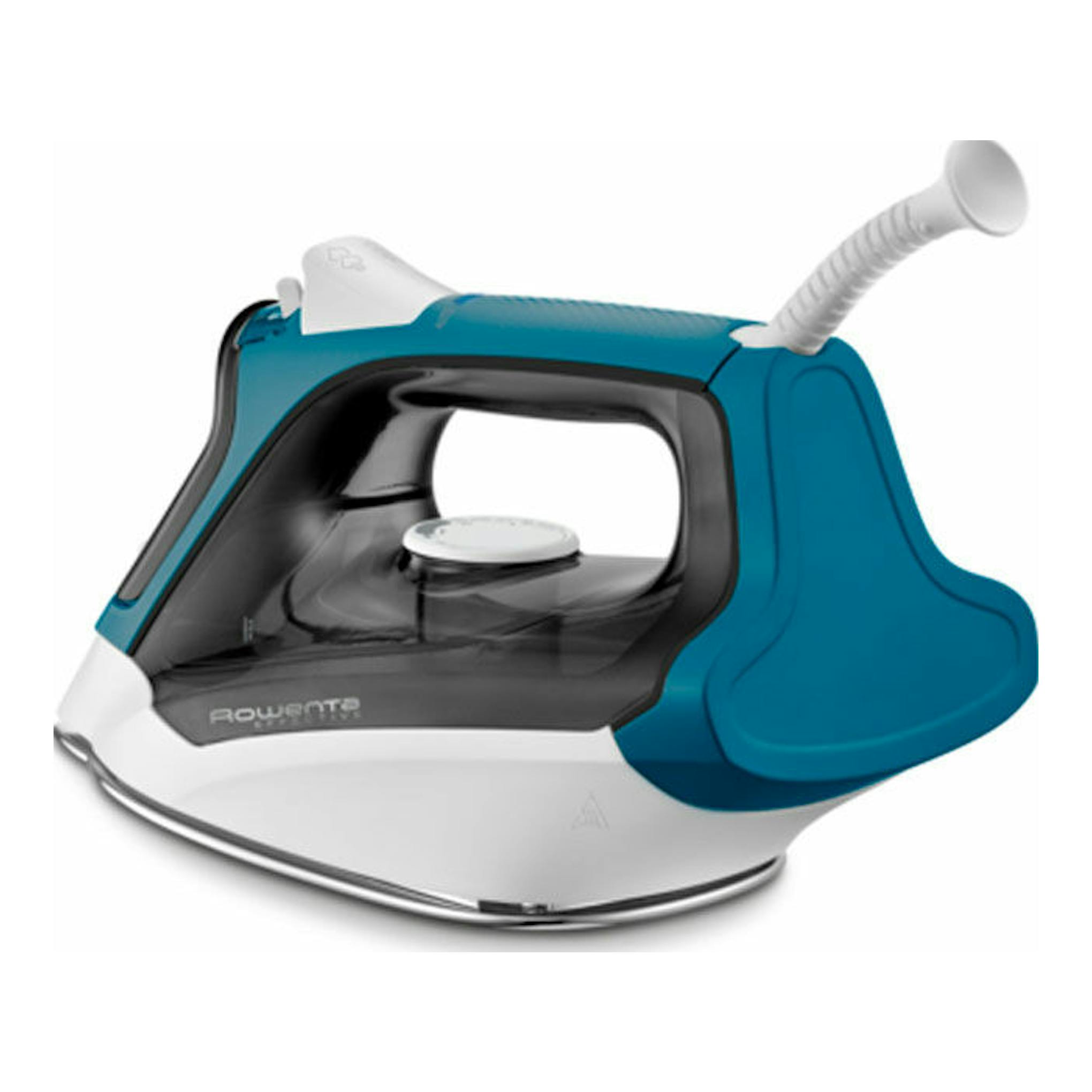 Plancha de vapor Rowenta DX1550D1 azul, negra y blanca, vista lateral sobre fondo blanco.