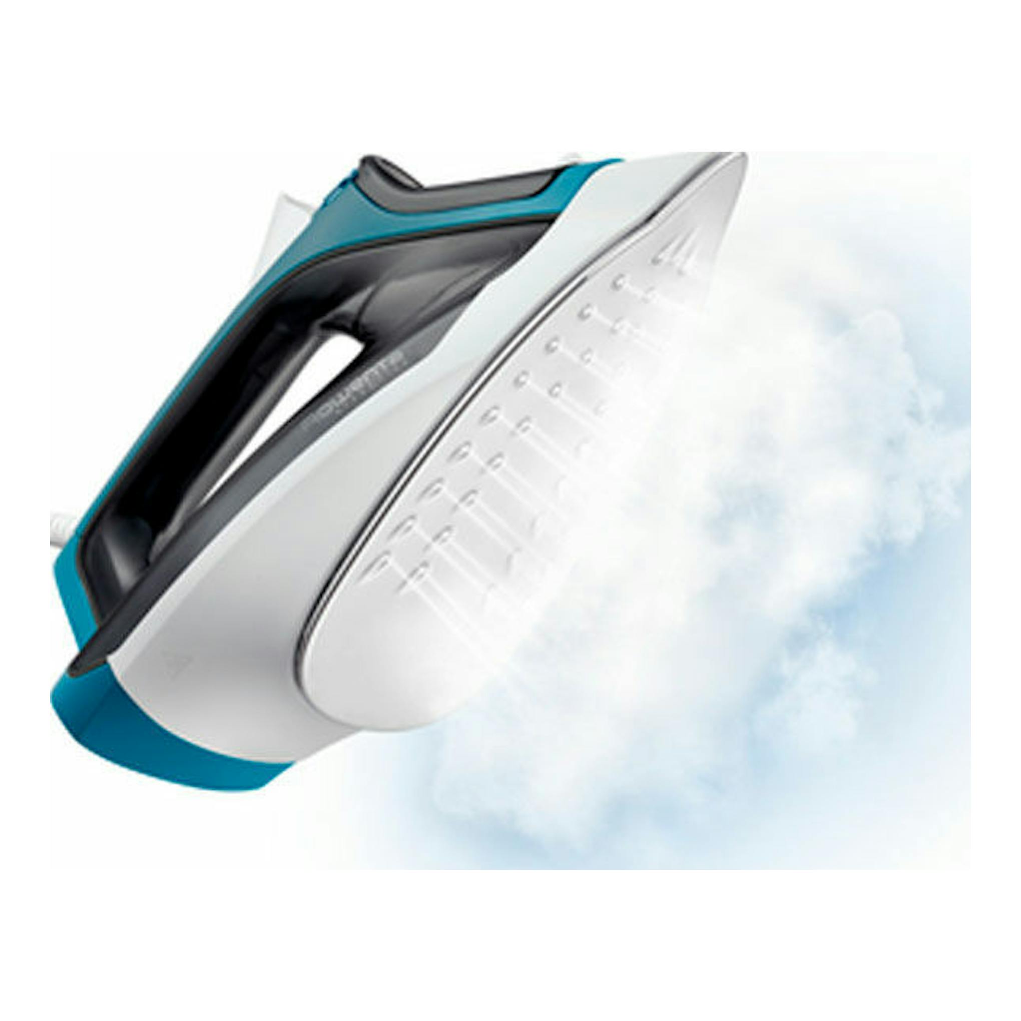 Plancha de vapor Rowenta DX1550D1 blanca, negra y azul, vista lateral inclinada con vapor saliendo