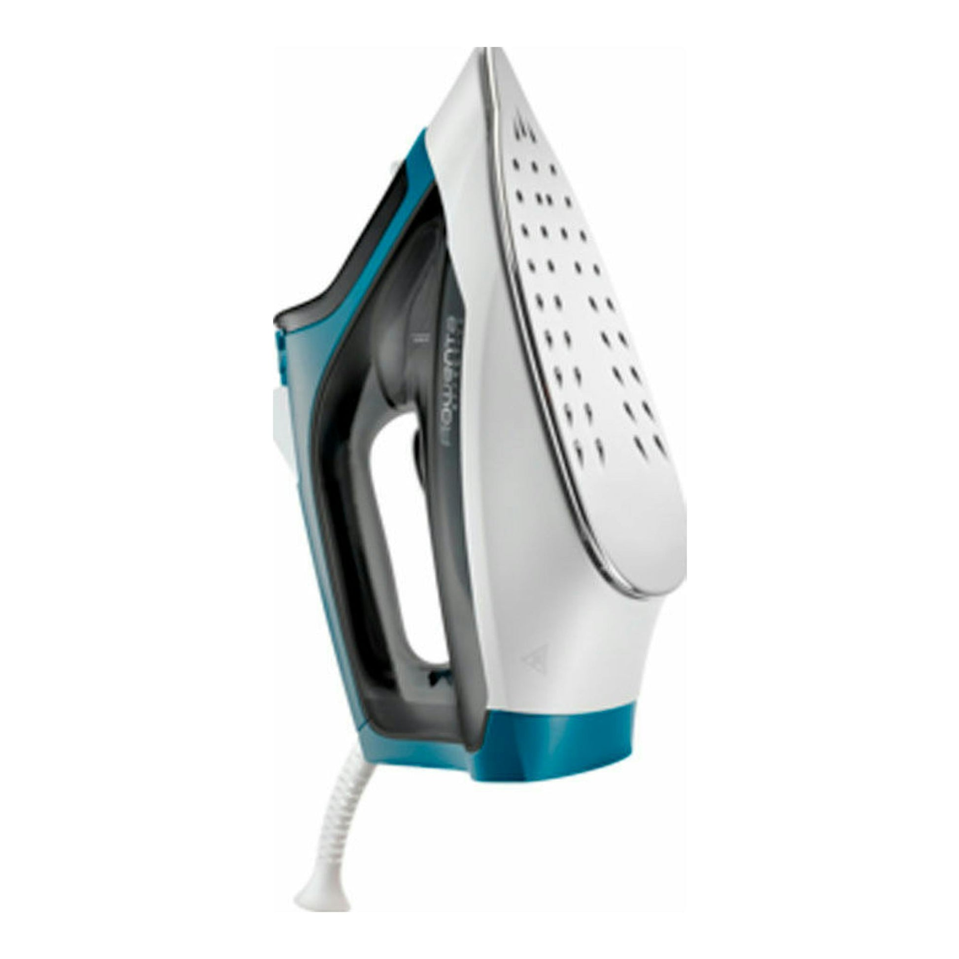 Plancha de vapor Rowenta DX1550D1, vista lateral en blanco, negro y azul, sobre fondo blanco.