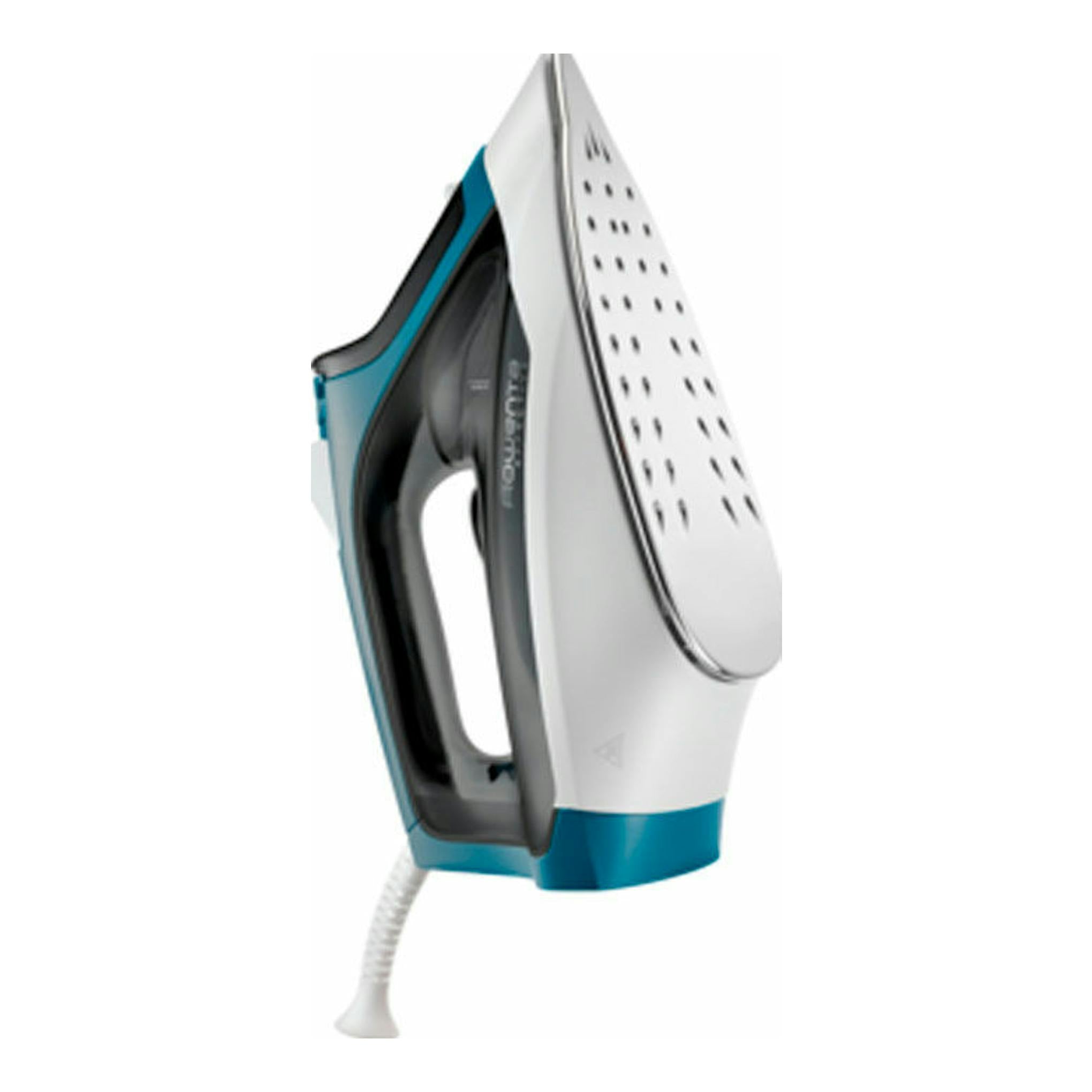 Plancha de vapor Rowenta DX1550D1, vista lateral en blanco, negro y azul, sobre fondo blanco.