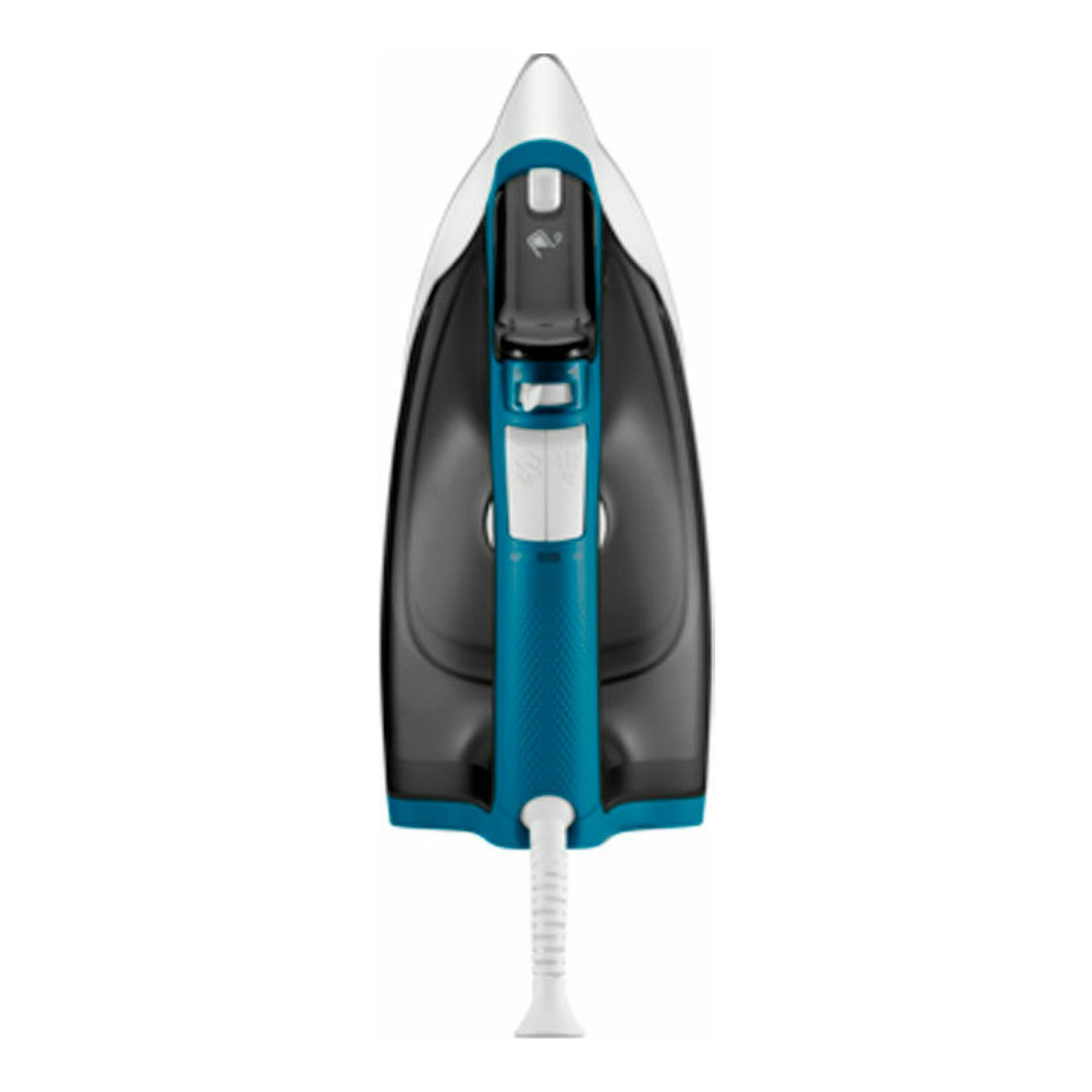 Plancha de vapor Rowenta DX1550D1, vista trasera, negra y azul, con cable visible.