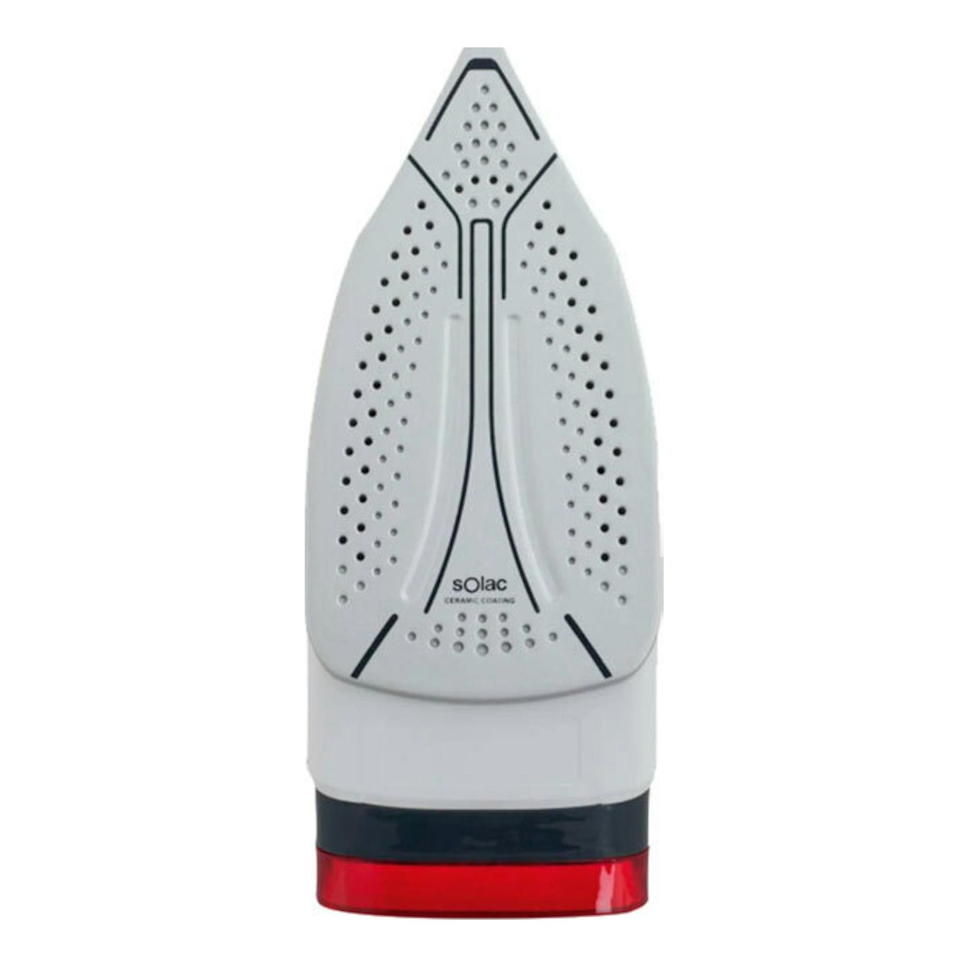 Plancha de vapor Solac PV2014, vista frontal, blanca/gris con base roja.