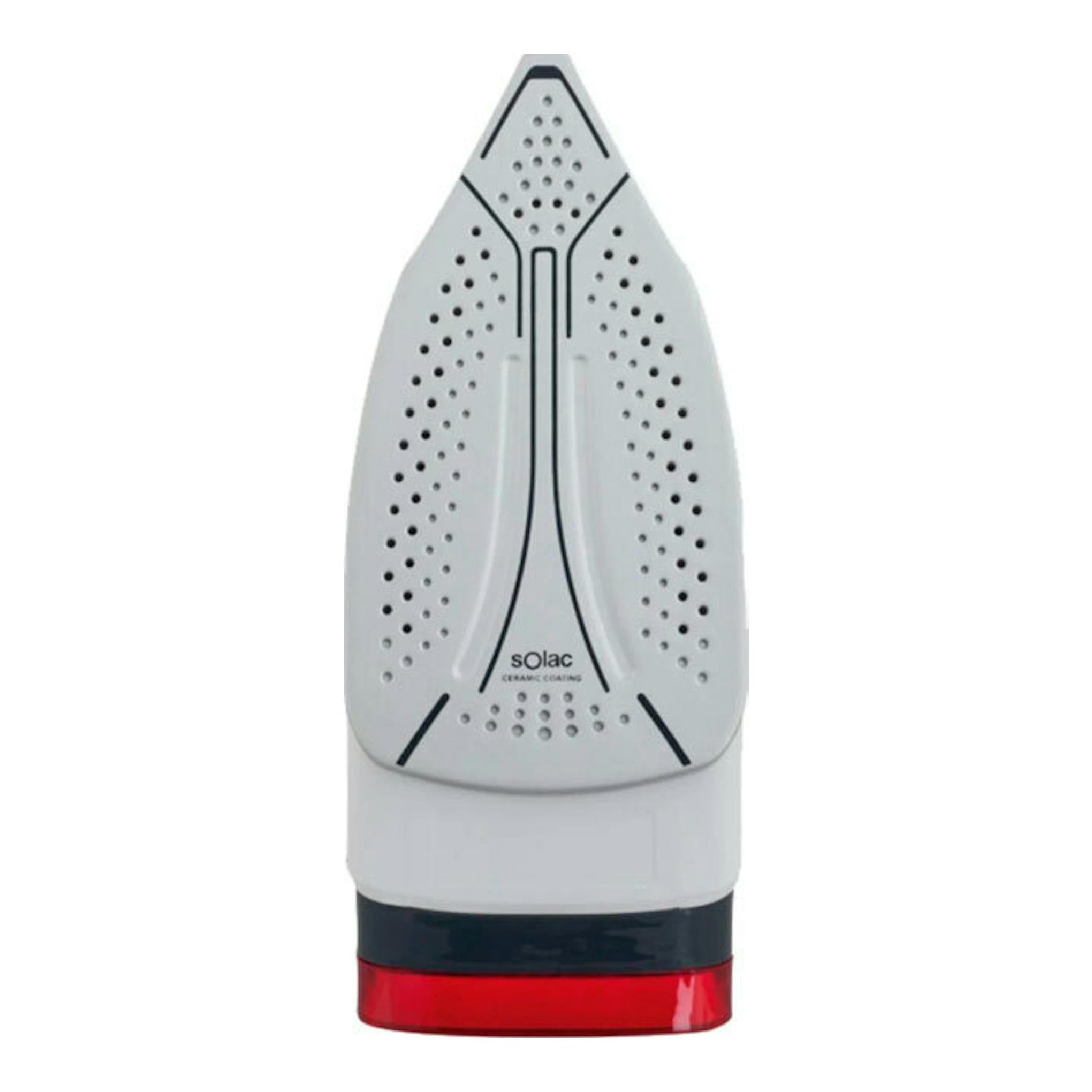 Plancha de vapor Solac PV2014, vista frontal, blanca/gris con base roja.