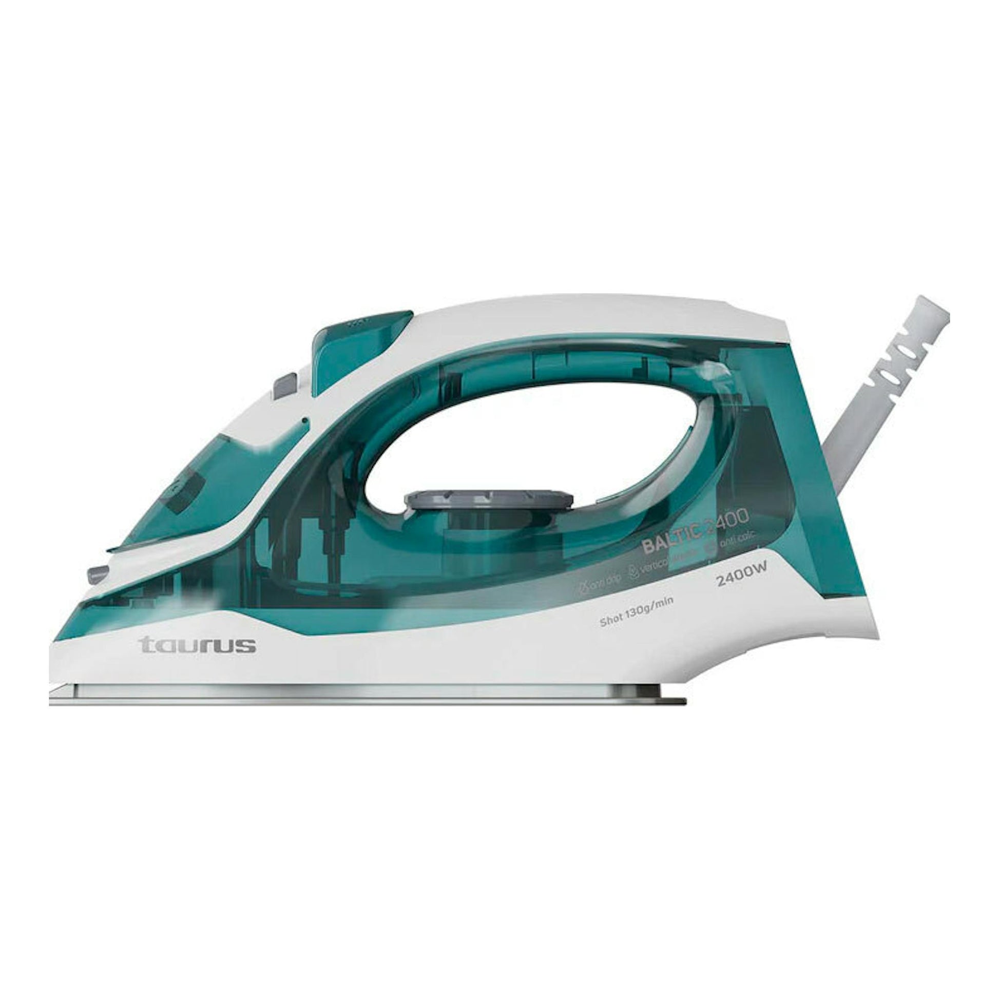 Plancha de vapor Taurus Baltic 2400, vista lateral, blanca y turquesa.