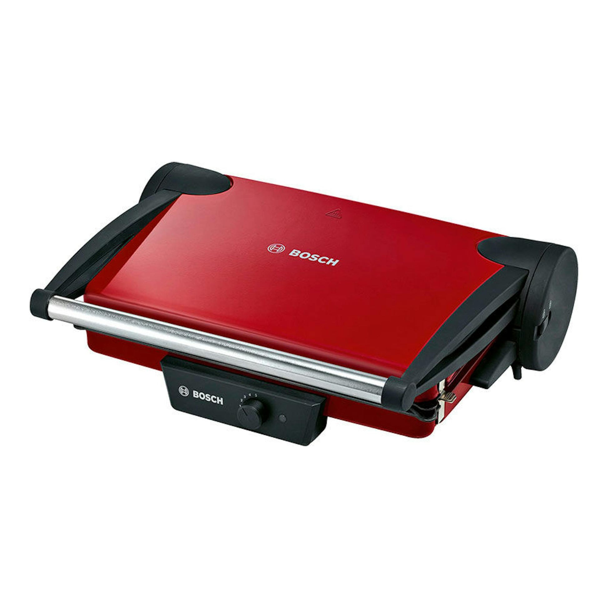 Plancha grill eléctrica Bosch roja y negra, vista en ángulo 3/4, con tapa cerrada.