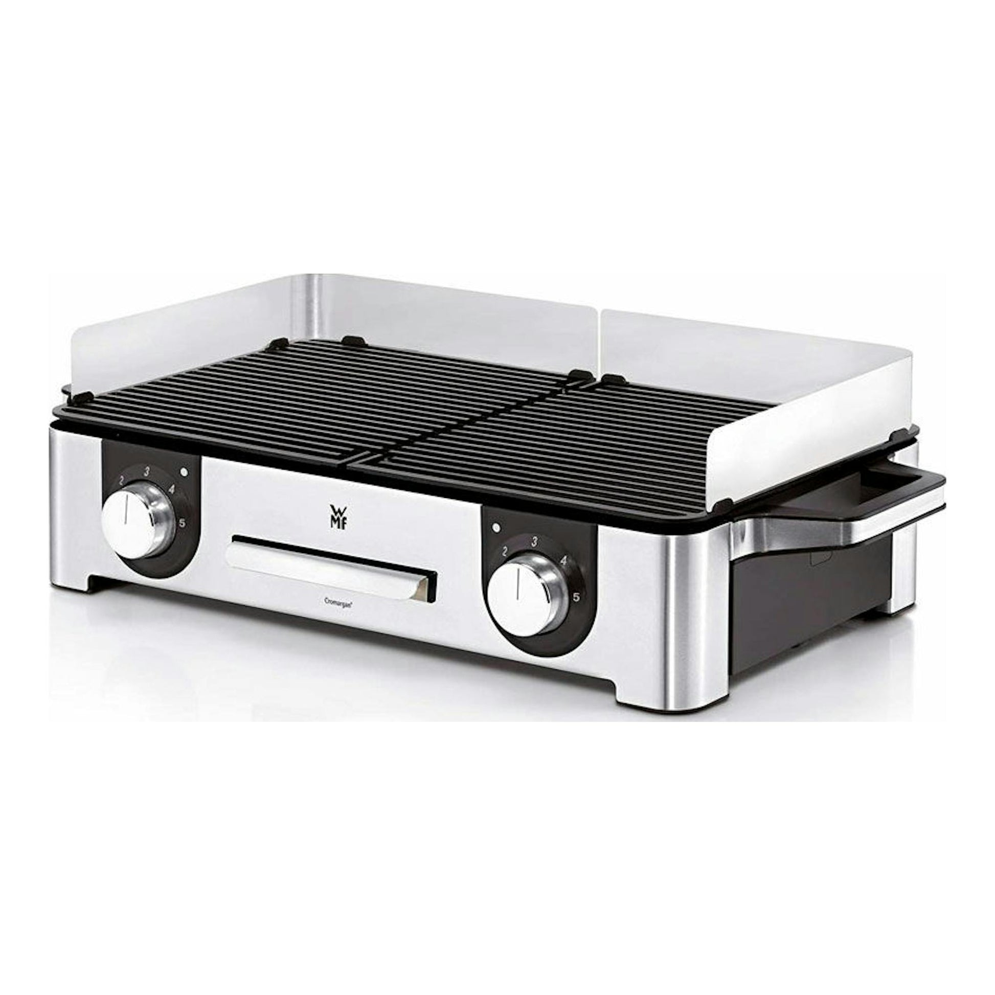 Plancha grill eléctrica WMF LONO, vista frontal en ángulo, acero inoxidable y rejilla negra.