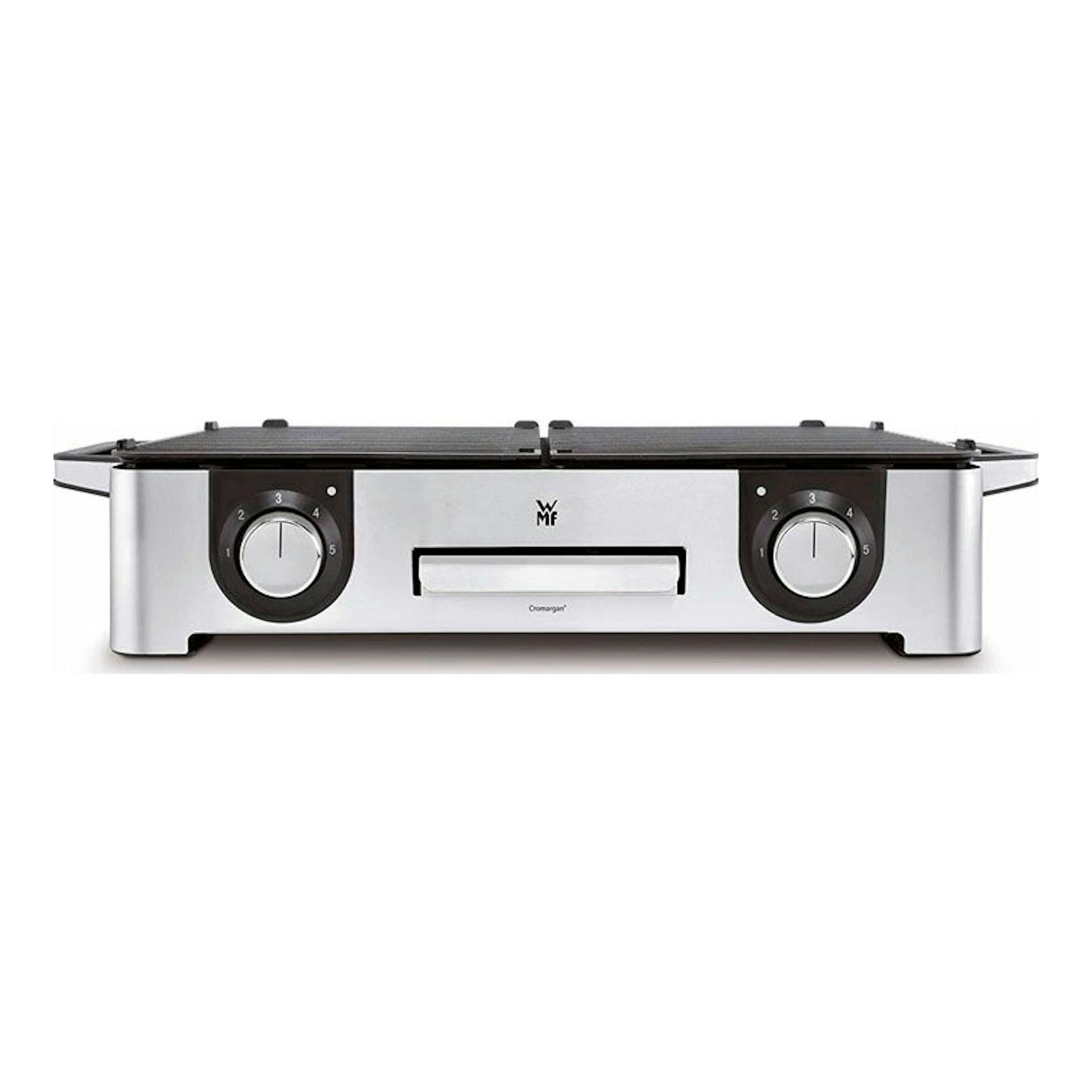 Plancha grill eléctrica WMF Master Grill LONO, vista frontal, acero inoxidable y negro, con dos mandos circulares.