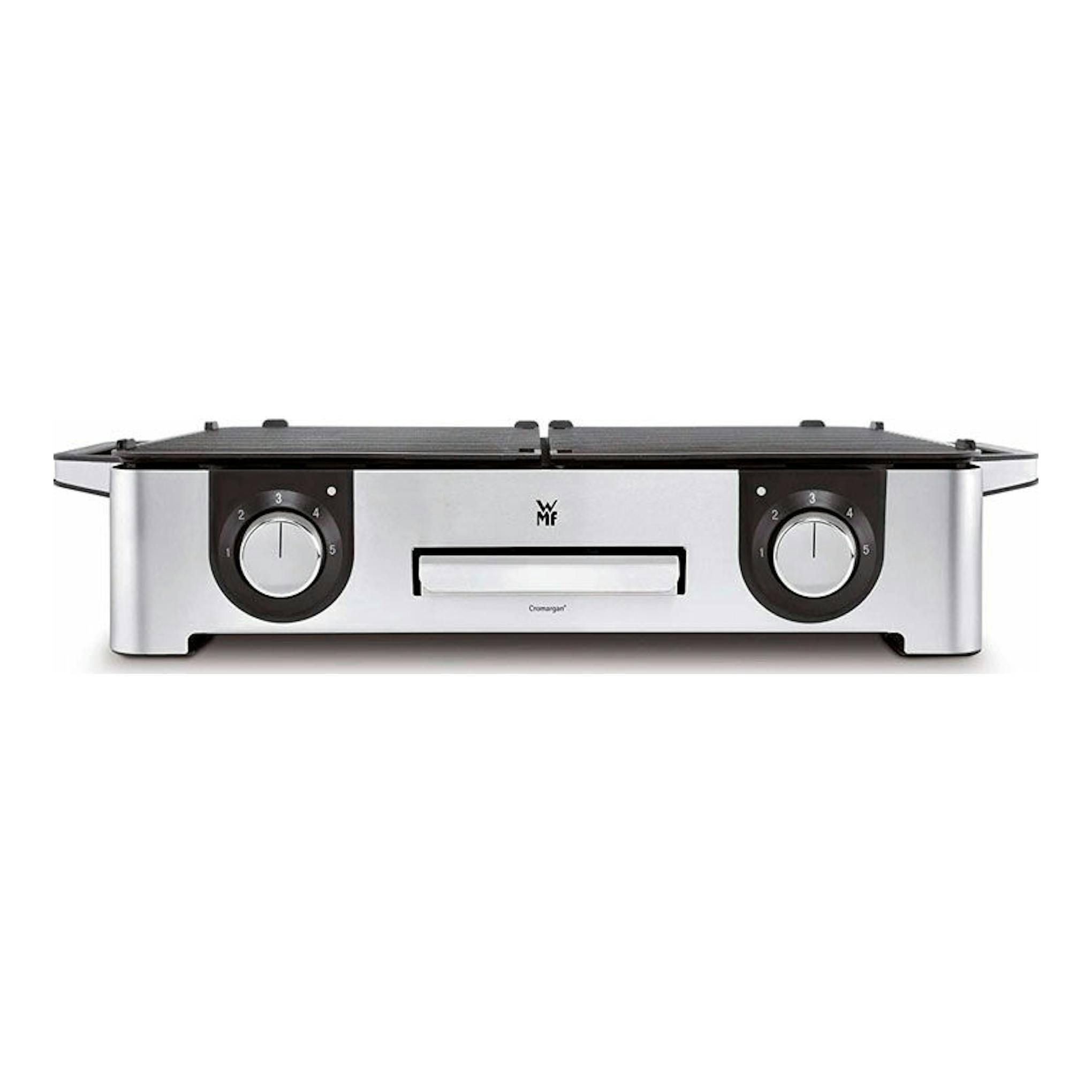 Plancha grill eléctrica WMF Master Grill LONO, vista frontal, acero inoxidable y negro, con dos mandos circulares.