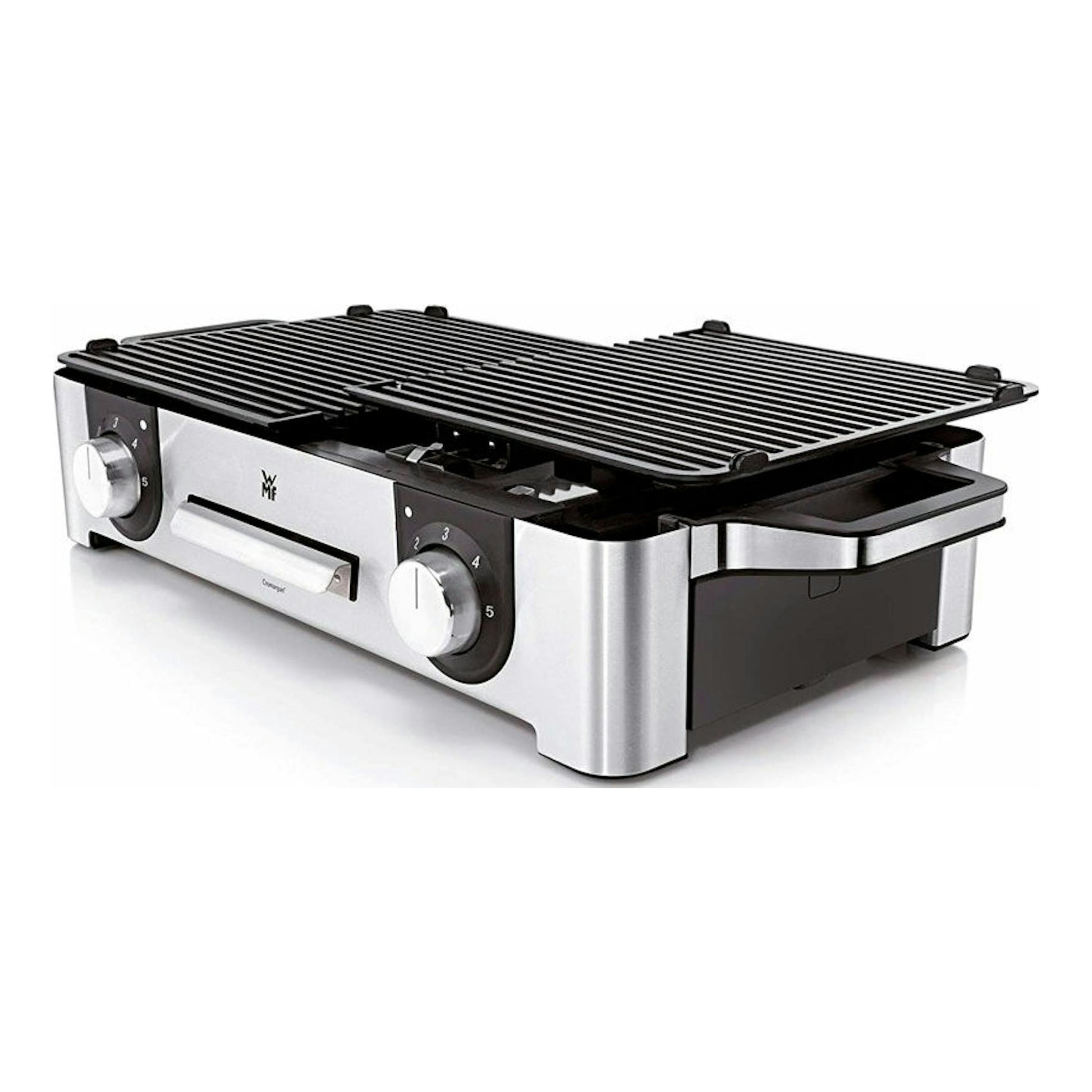 Grill eléctrica WMF LONO, vista en 3/4, cuerpo de acero inoxidable y negro, con dos placas acanaladas abiertas.