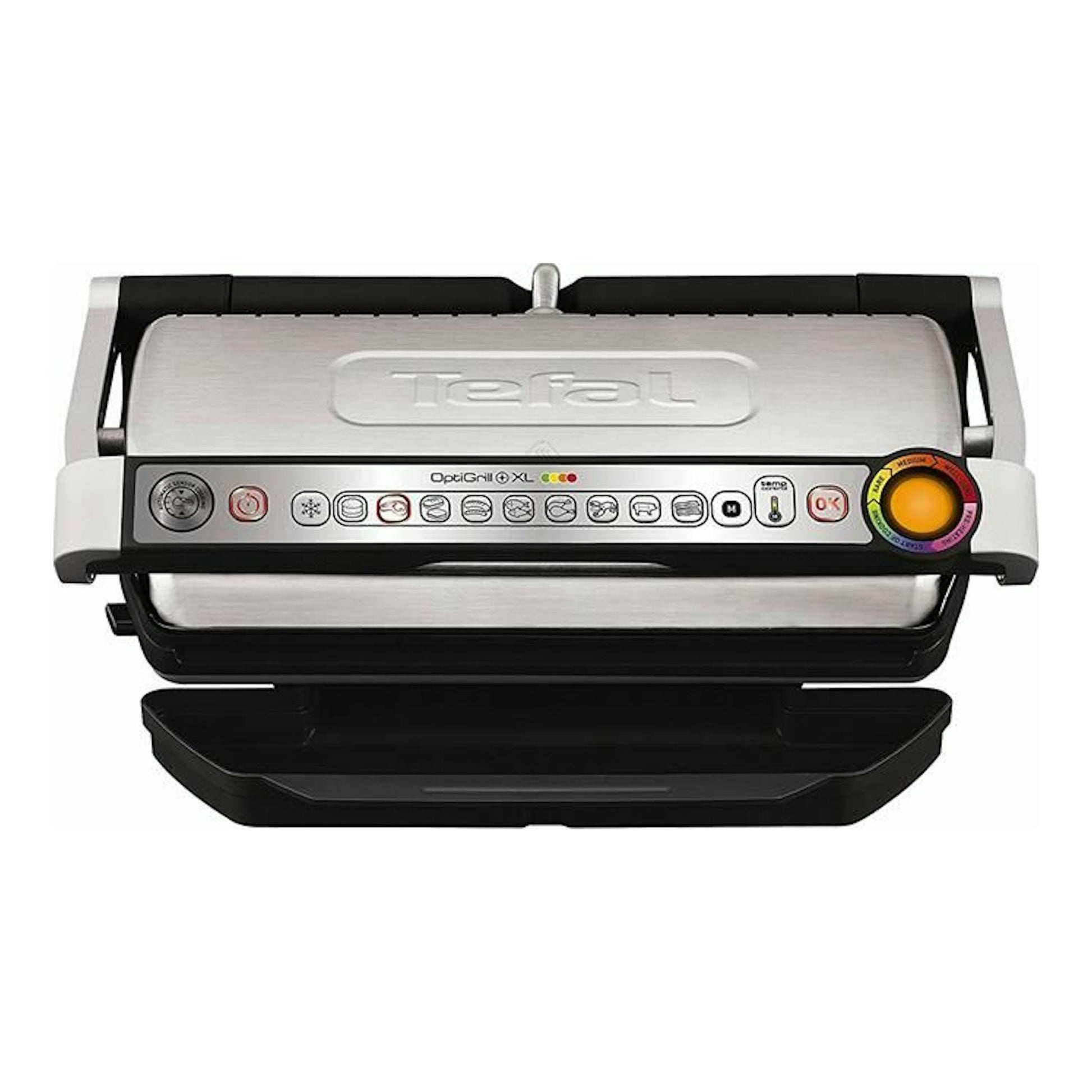 Tefal OptiGrill XL GC722D16, grill eléctrico plateado y negro, vista frontal, bandeja inferior abierta.