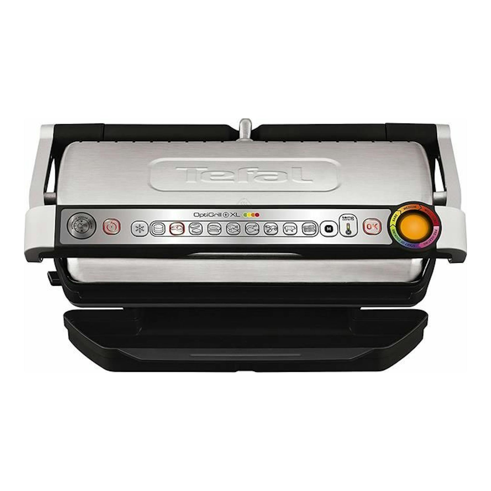 Tefal OptiGrill XL GC722D16, grill eléctrico plateado y negro, vista frontal, bandeja inferior abierta.