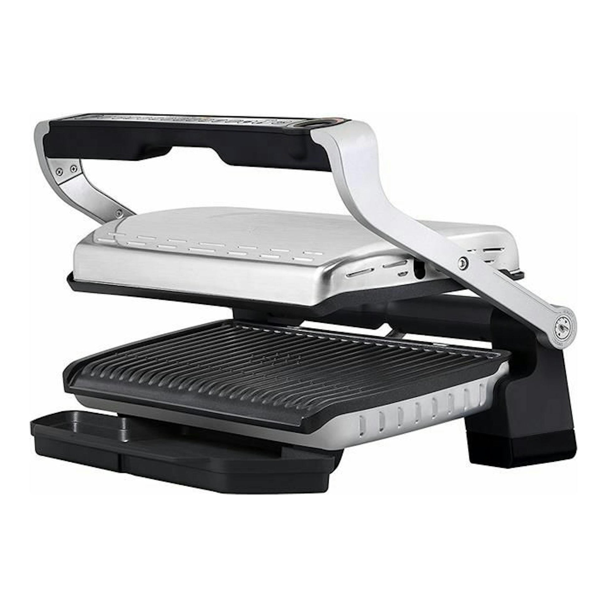 Tefal OptiGrill GC722D16, grill eléctrico abierto en negro y plateado, vista frontal tres cuartos.