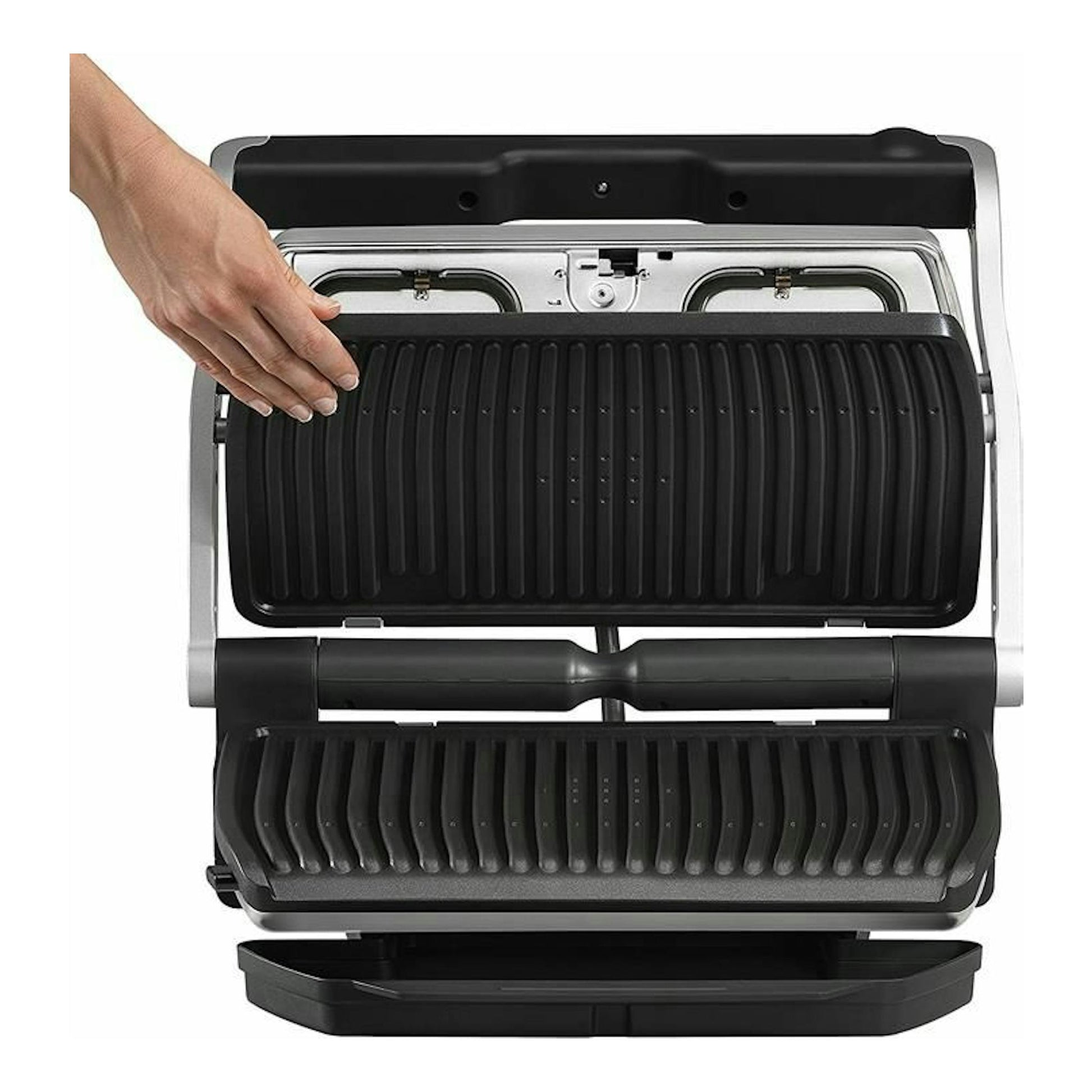 Tefal OptiGrill GC722D16 abierta, vista frontal, con placas grill negras y carcasa plateada.