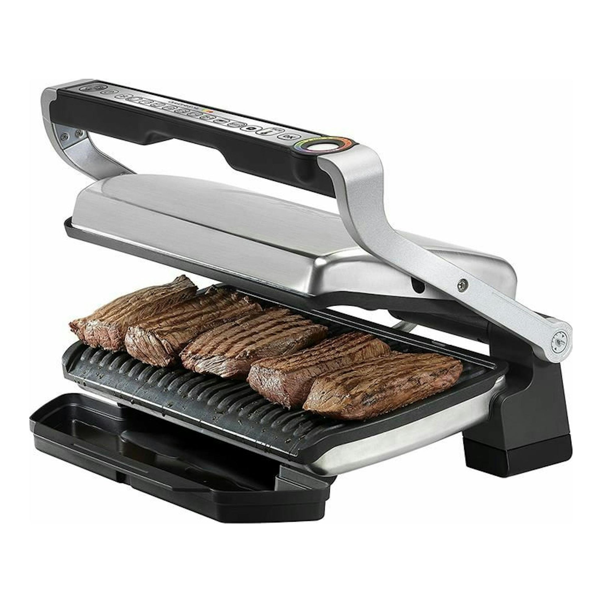 Tefal OptiGrill GC722D16 abierta, en acero inoxidable y negro, con cuatro filetes sobre la parrilla.