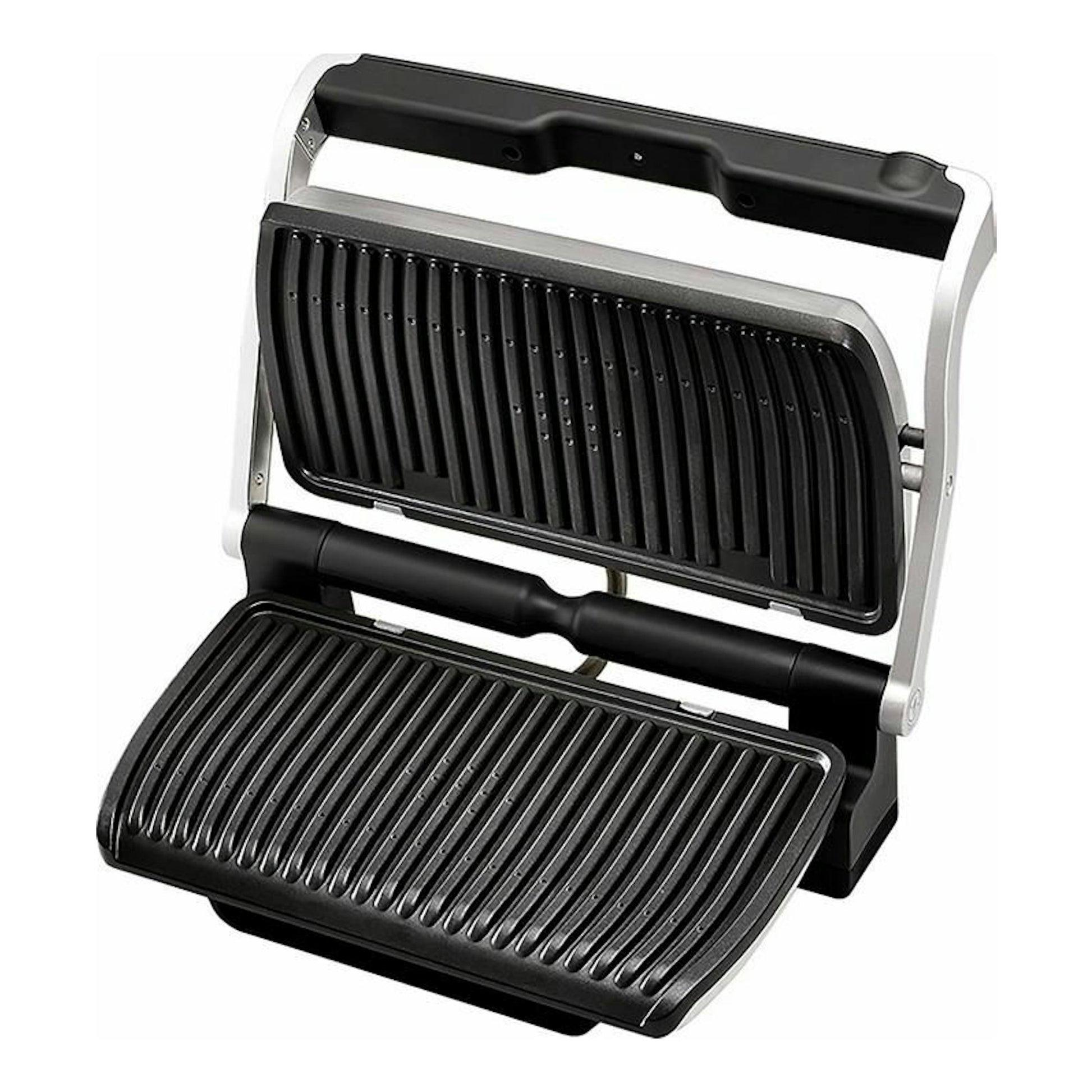 Tefal OptiGrill GC722D16 abierta, plancha eléctrica negra y plateada, vista frontal en tres cuartos.