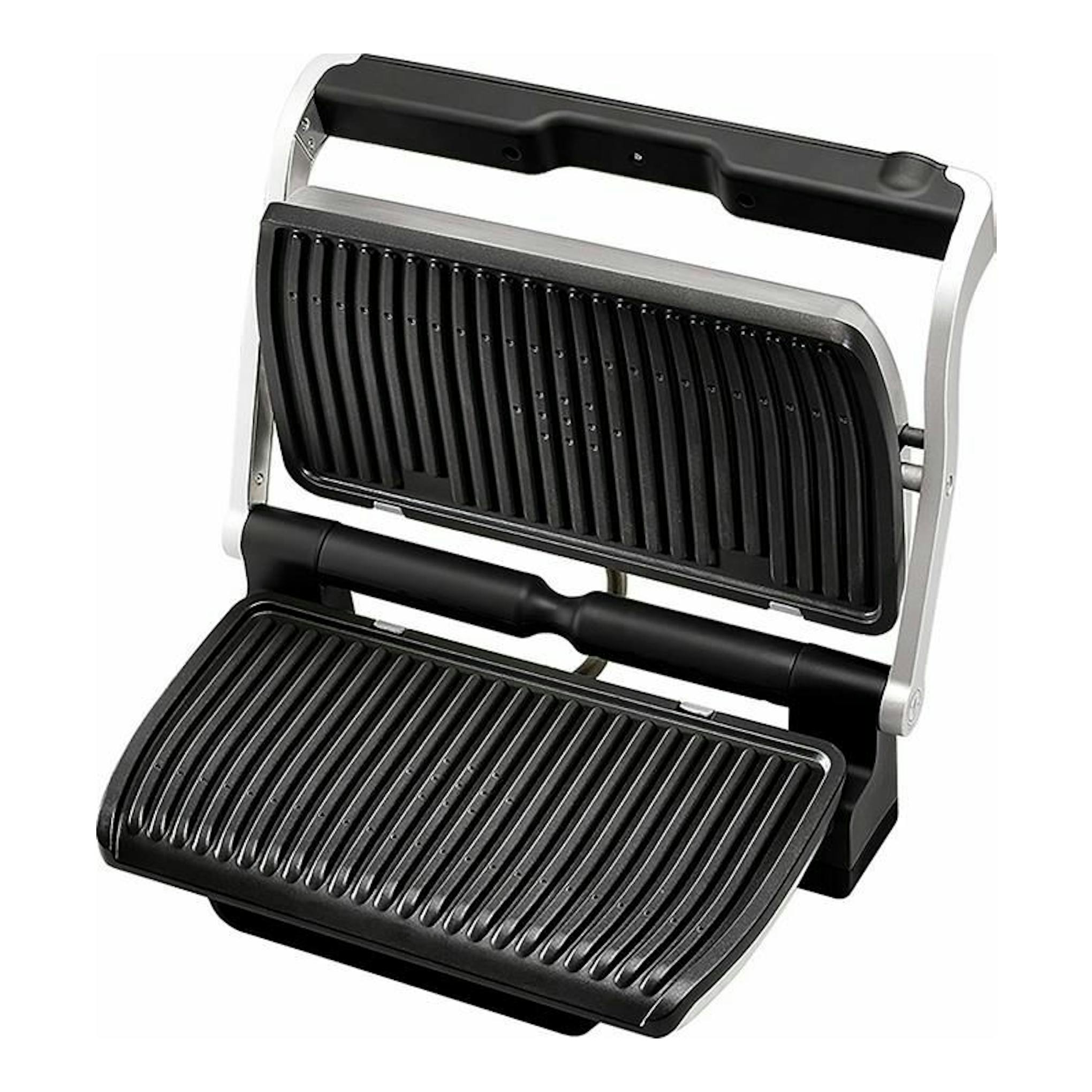 Tefal OptiGrill GC722D16 abierta, plancha eléctrica negra y plateada, vista frontal en tres cuartos.