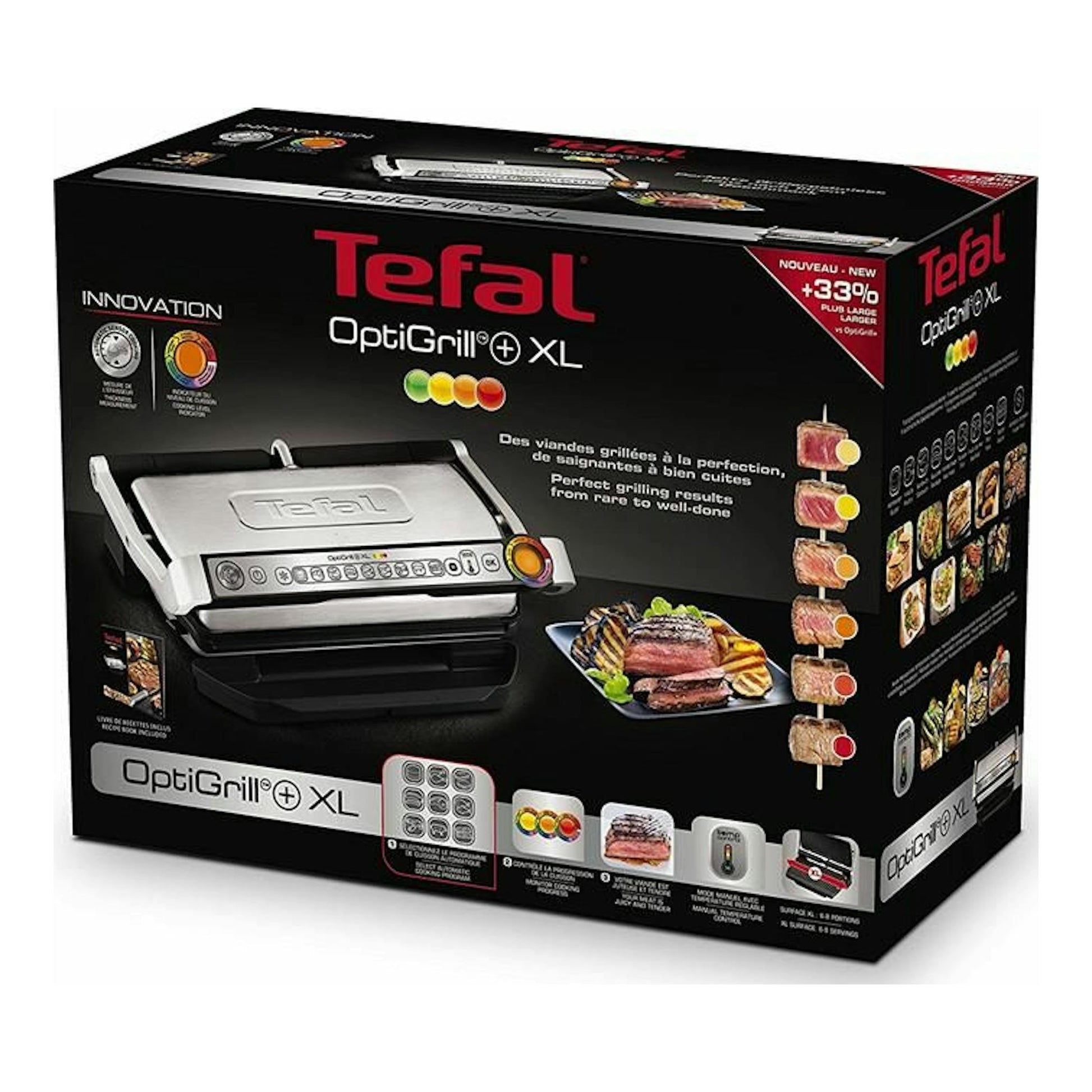 Caja de la plancha eléctrica Tefal OptiGrill+ XL GC722D16, vista frontal en negro con fotos de carne.