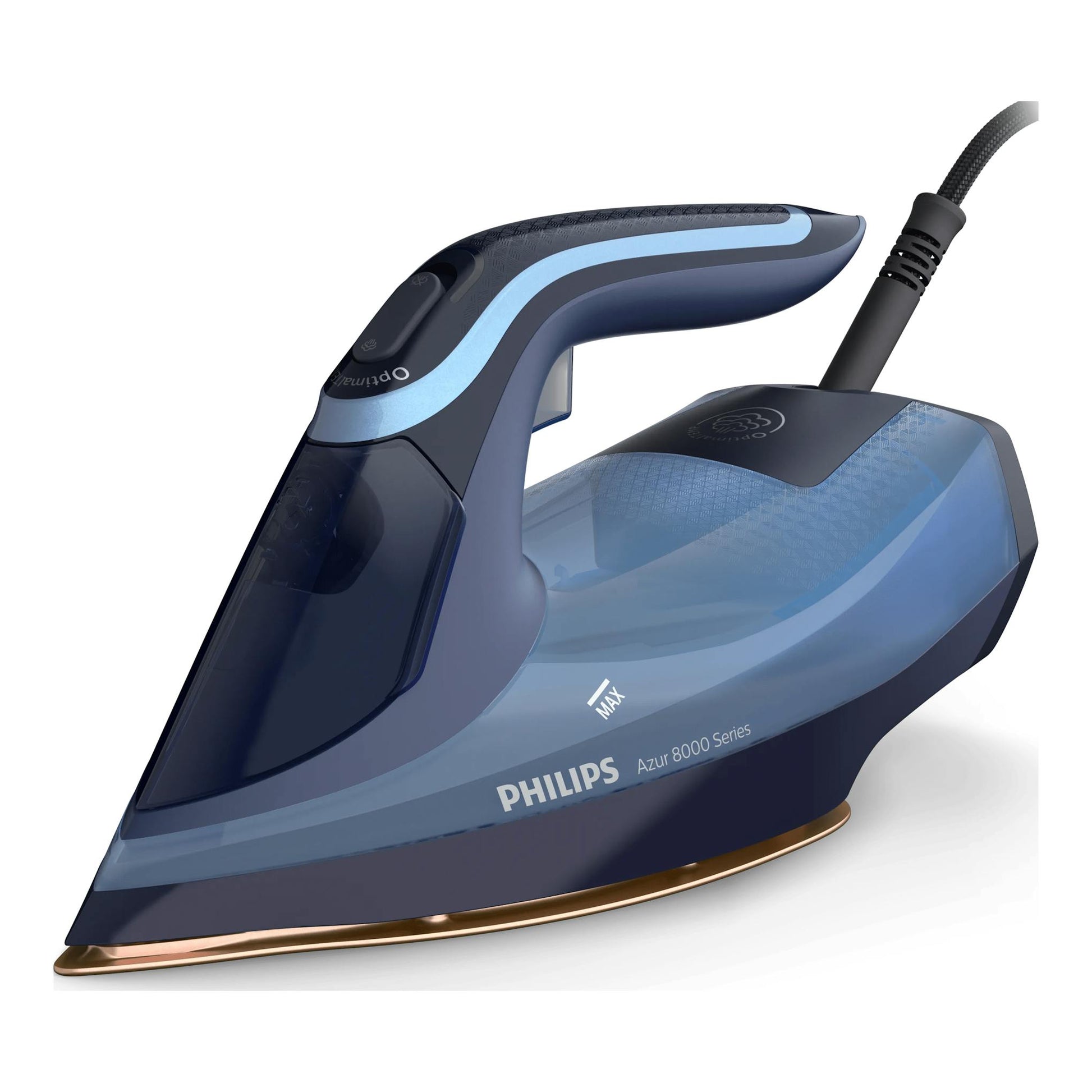 Plancha de vapor Philips Azur 8000 Series DST8020/20, azul y negro, vista en ángulo frontal derecho.