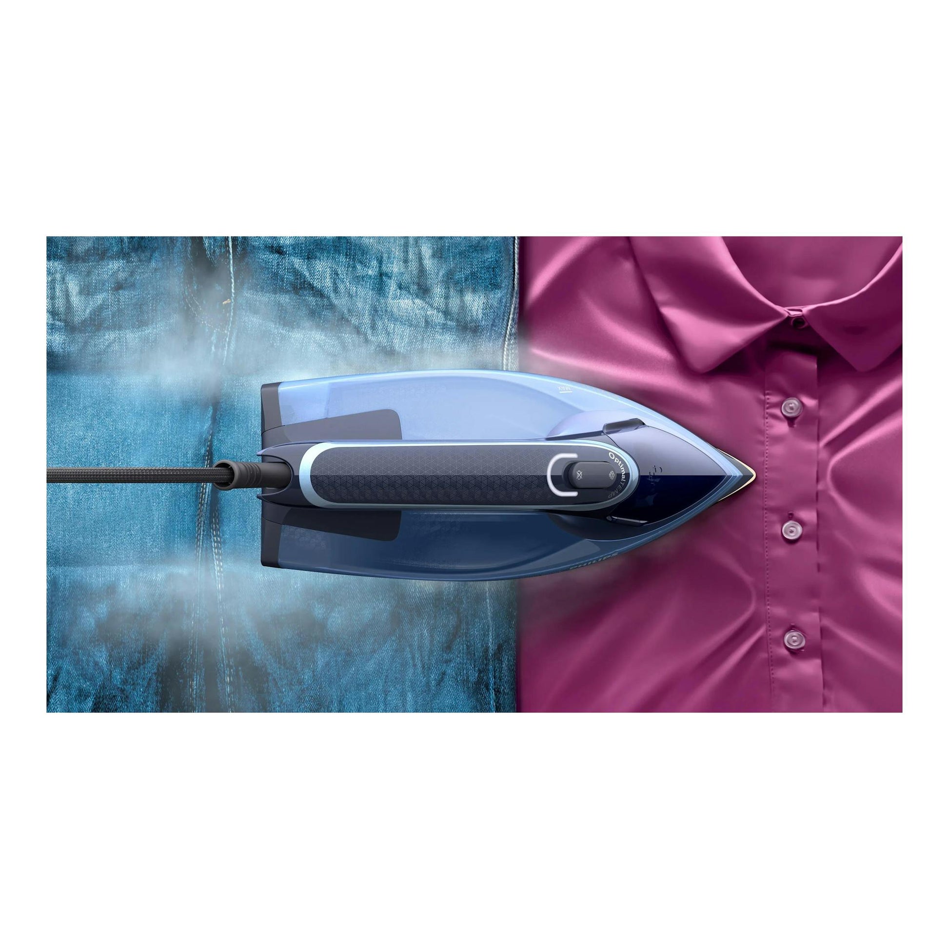 Plancha de vapor Philips Azur 8000 Series DST8020/20, vista superior, azul, sobre vaquero y camisa rosa.