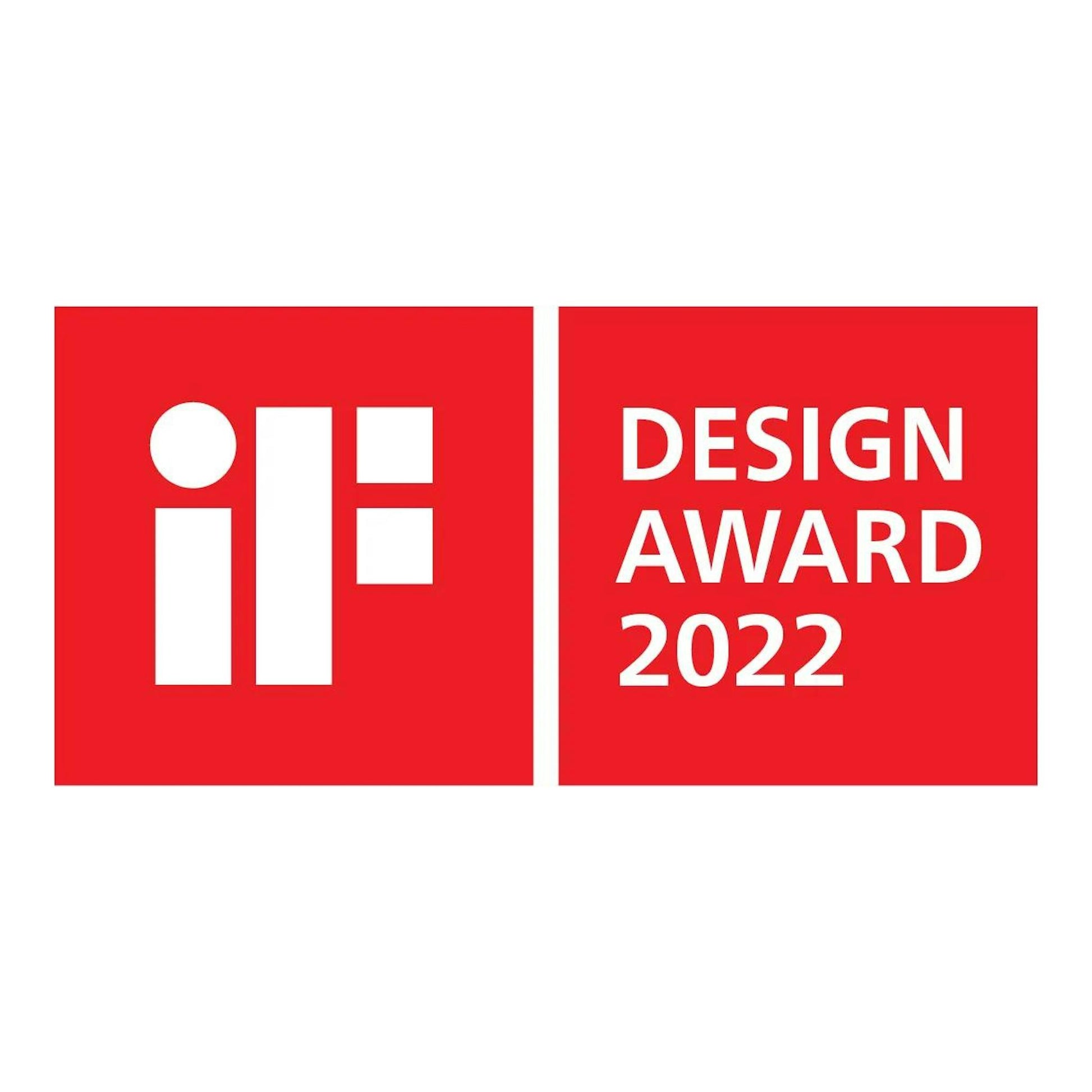 Sello rojo iF Design Award 2022, con logotipo blanco.