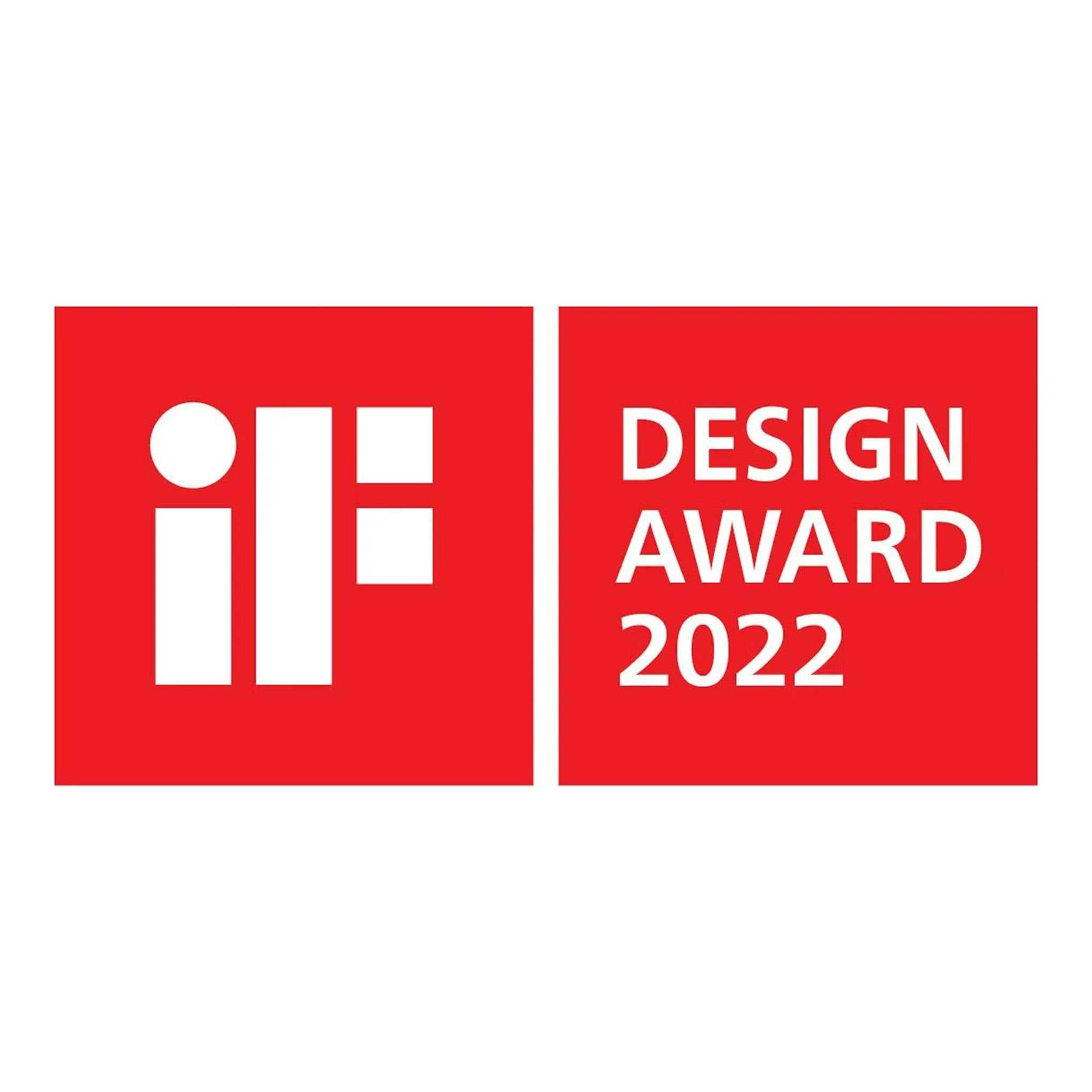 Sello rojo iF Design Award 2022, con logotipo blanco.