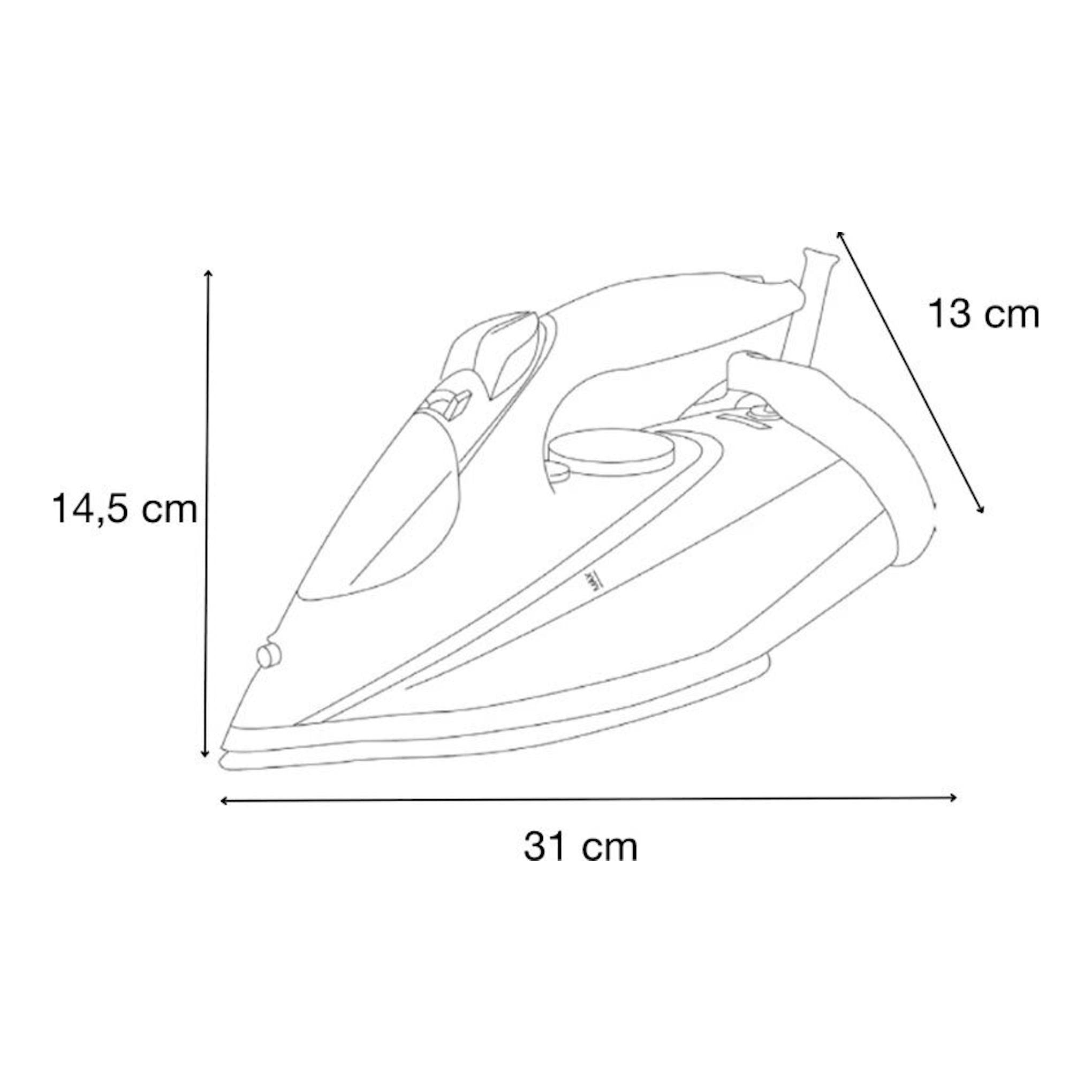 Esquema de una plancha Solac PV2040 Relieve 3100 en vista lateral, con medidas 31 x 14,5 x 13 cm.