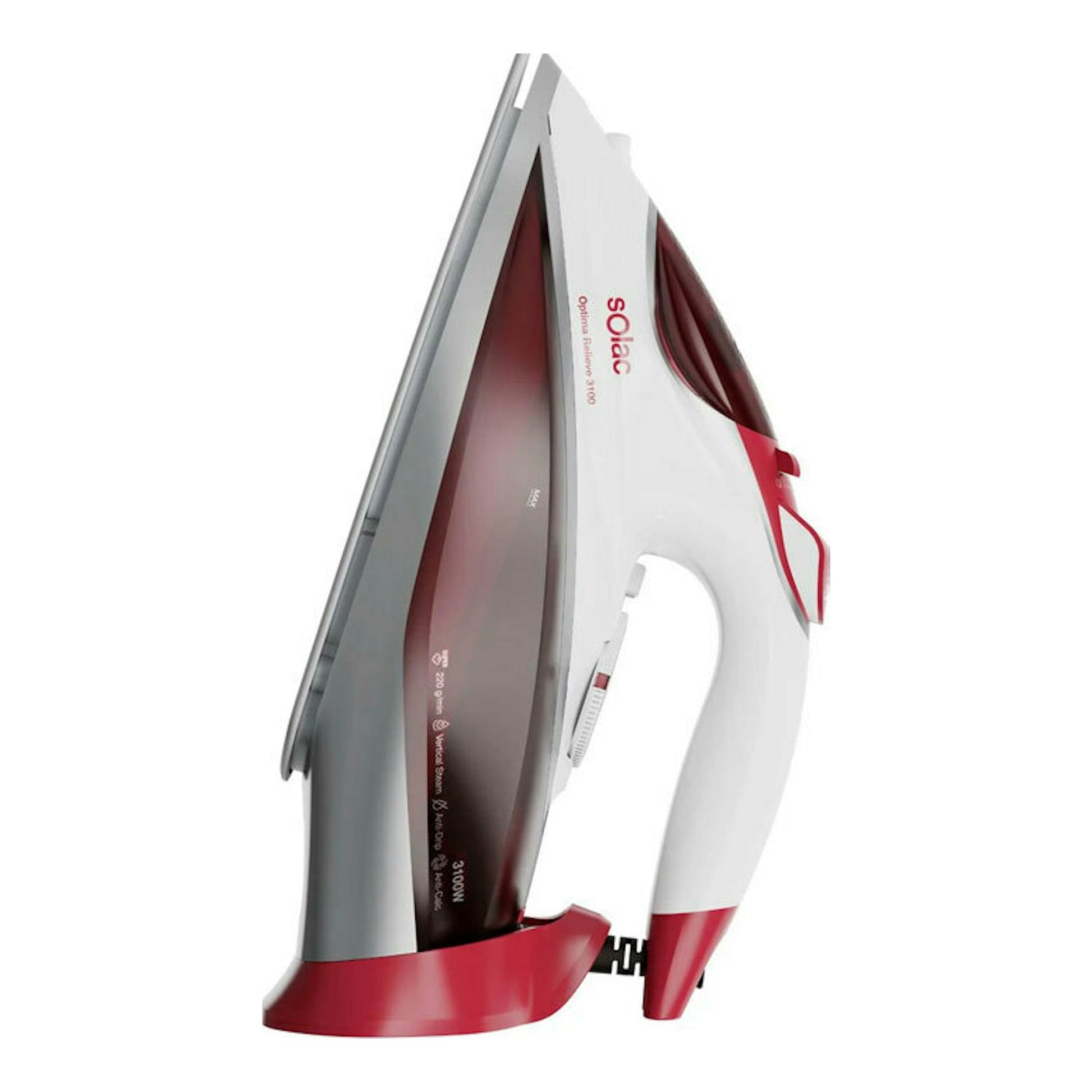 Plancha de vapor Solac Optima Relieve 3100, vista lateral, blanca, roja y gris.