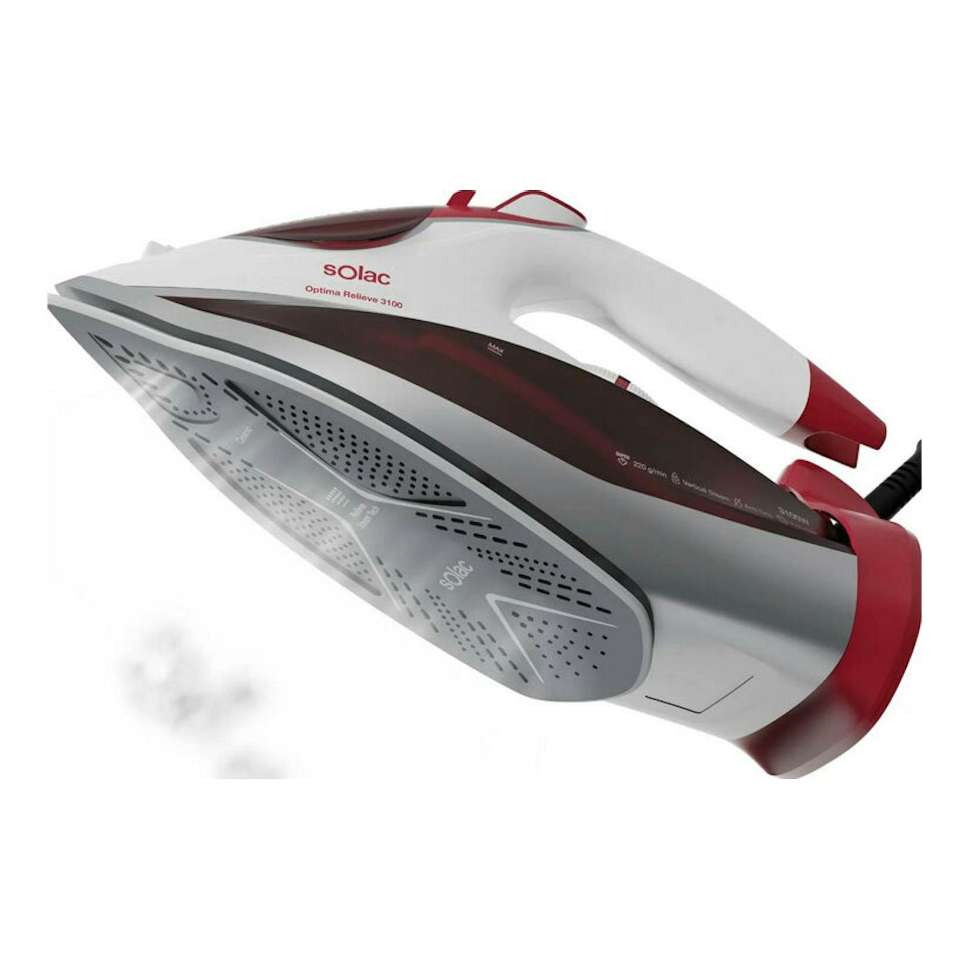 Plancha de vapor Solac Optima Relieve 3100, vista lateral en ángulo, blanca y roja.