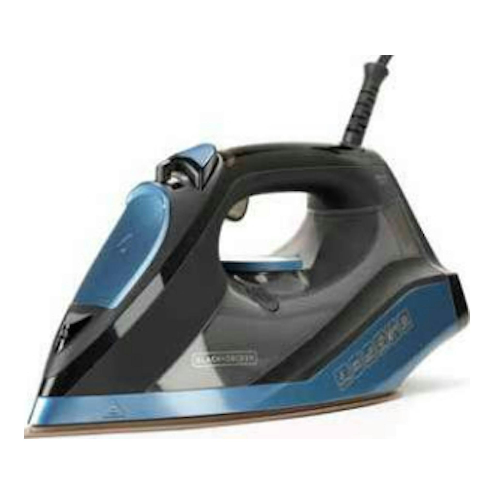 Plancha de vapor Black+Decker BXIR2801E negra y azul, vista lateral izquierda.
