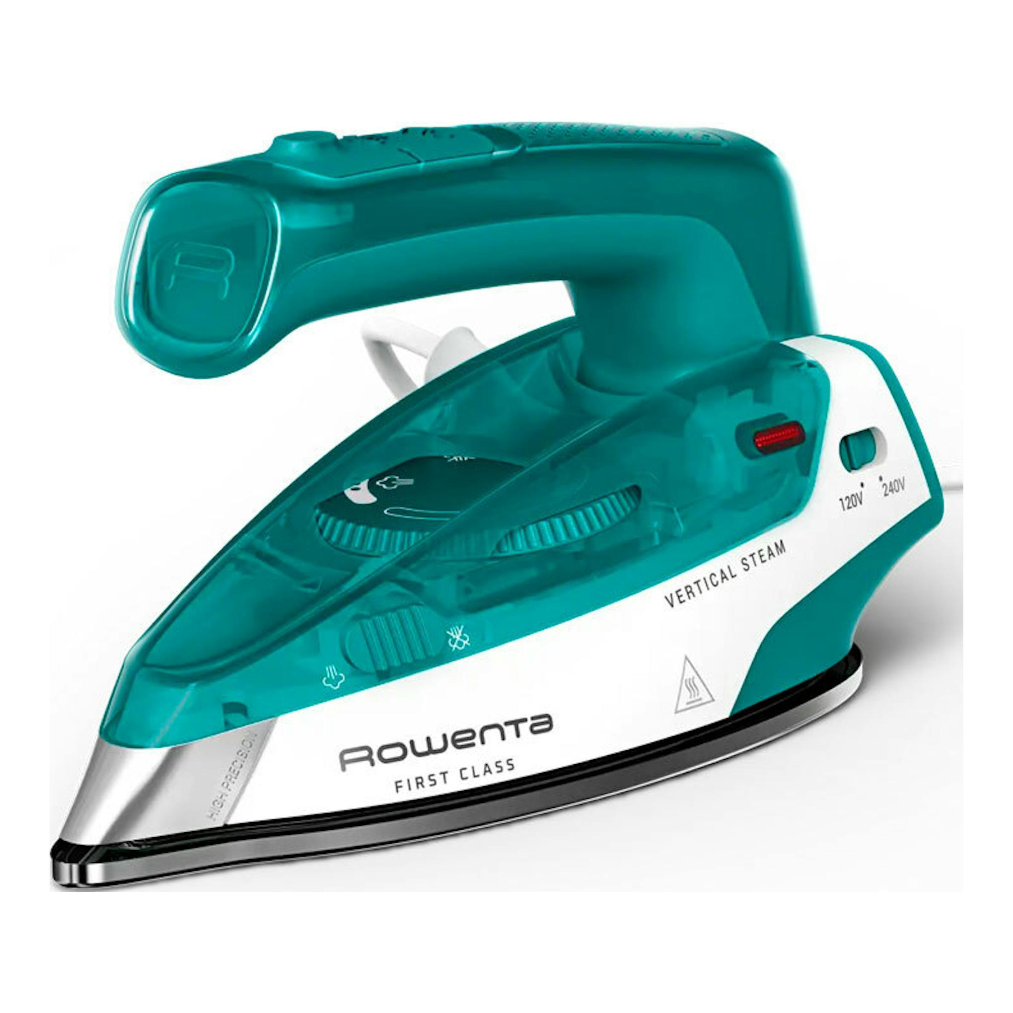 Plancha de vapor Rowenta DA1610E0, vista lateral en ángulo, turquesa y blanca.