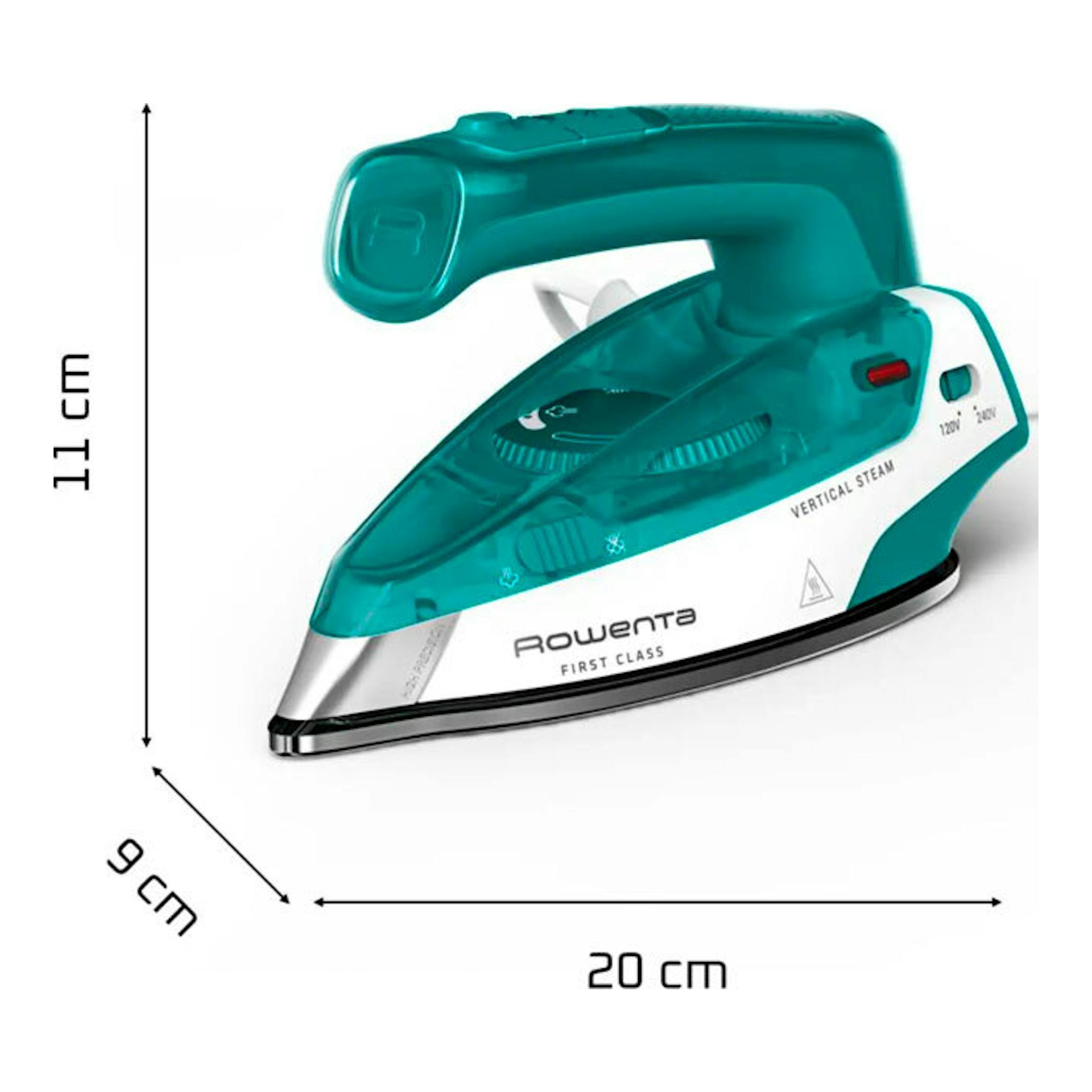 Plancha de vapor Rowenta DA1610E0 turquesa y blanca, vista lateral, con medidas 20 x 11 x 9 cm.