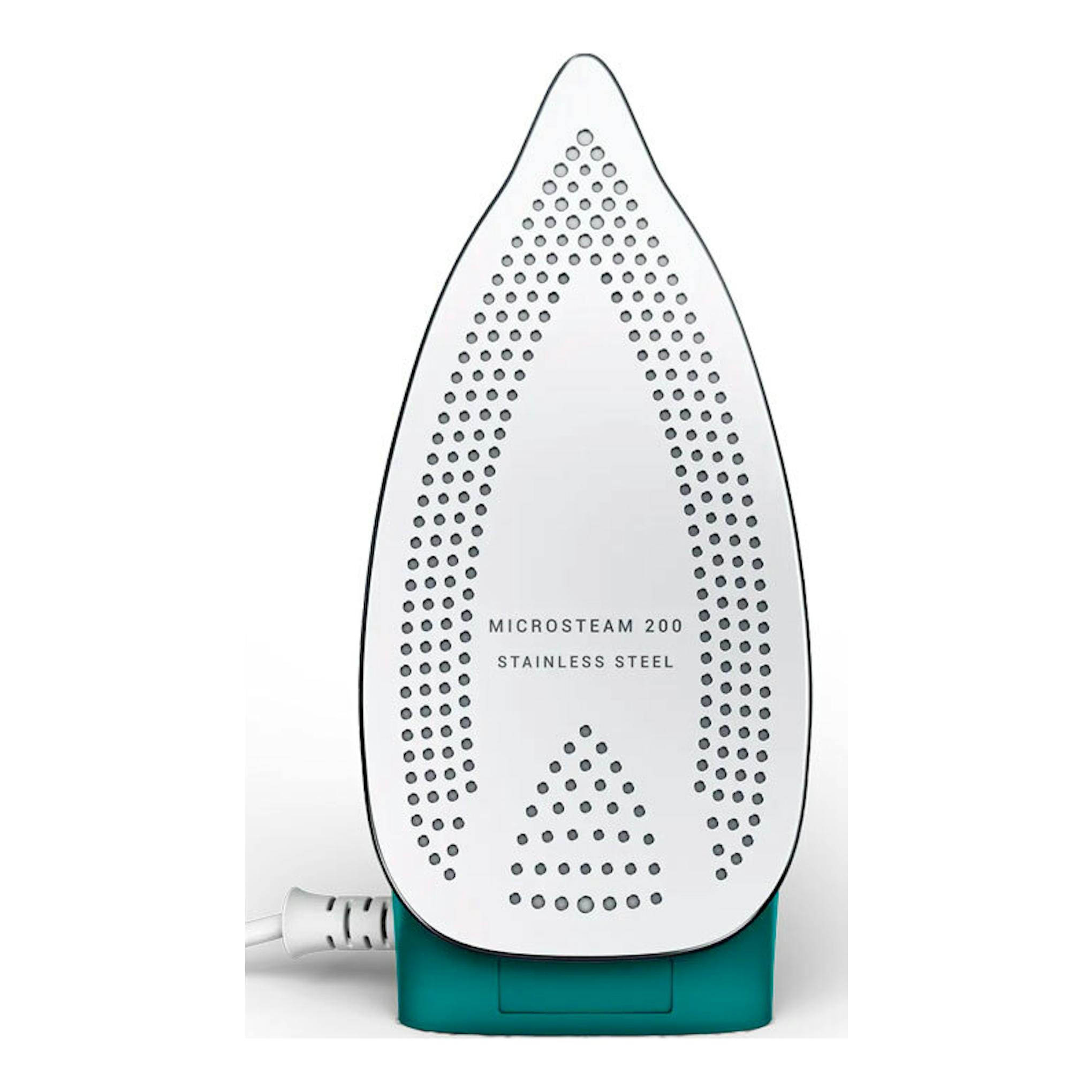 Plancha de vapor Rowenta DA1610E0, vista frontal de la suela de acero inoxidable blanca y base turquesa.