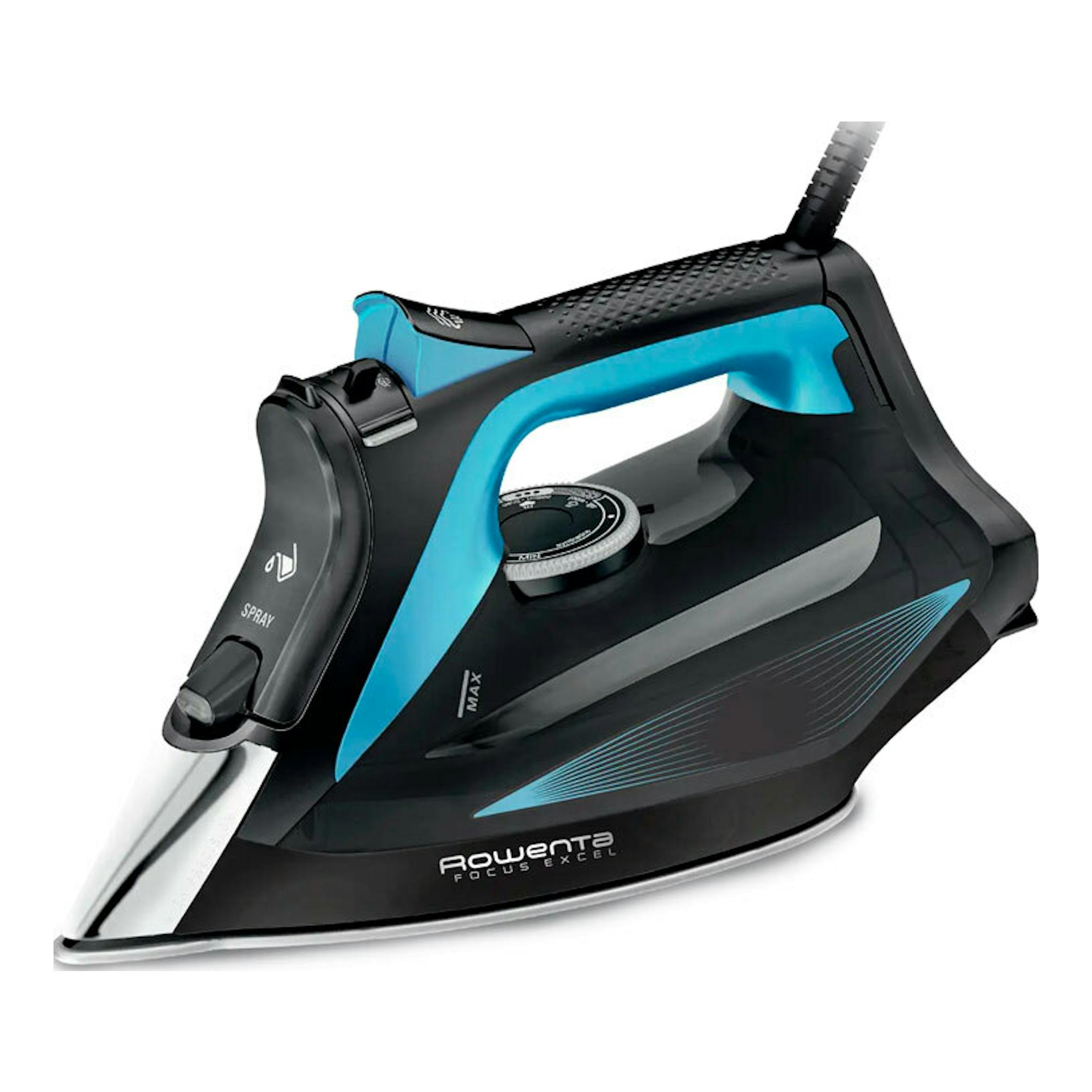 Plancha de vapor Rowenta DW5310D1 negra y azul, vista lateral sobre fondo blanco.