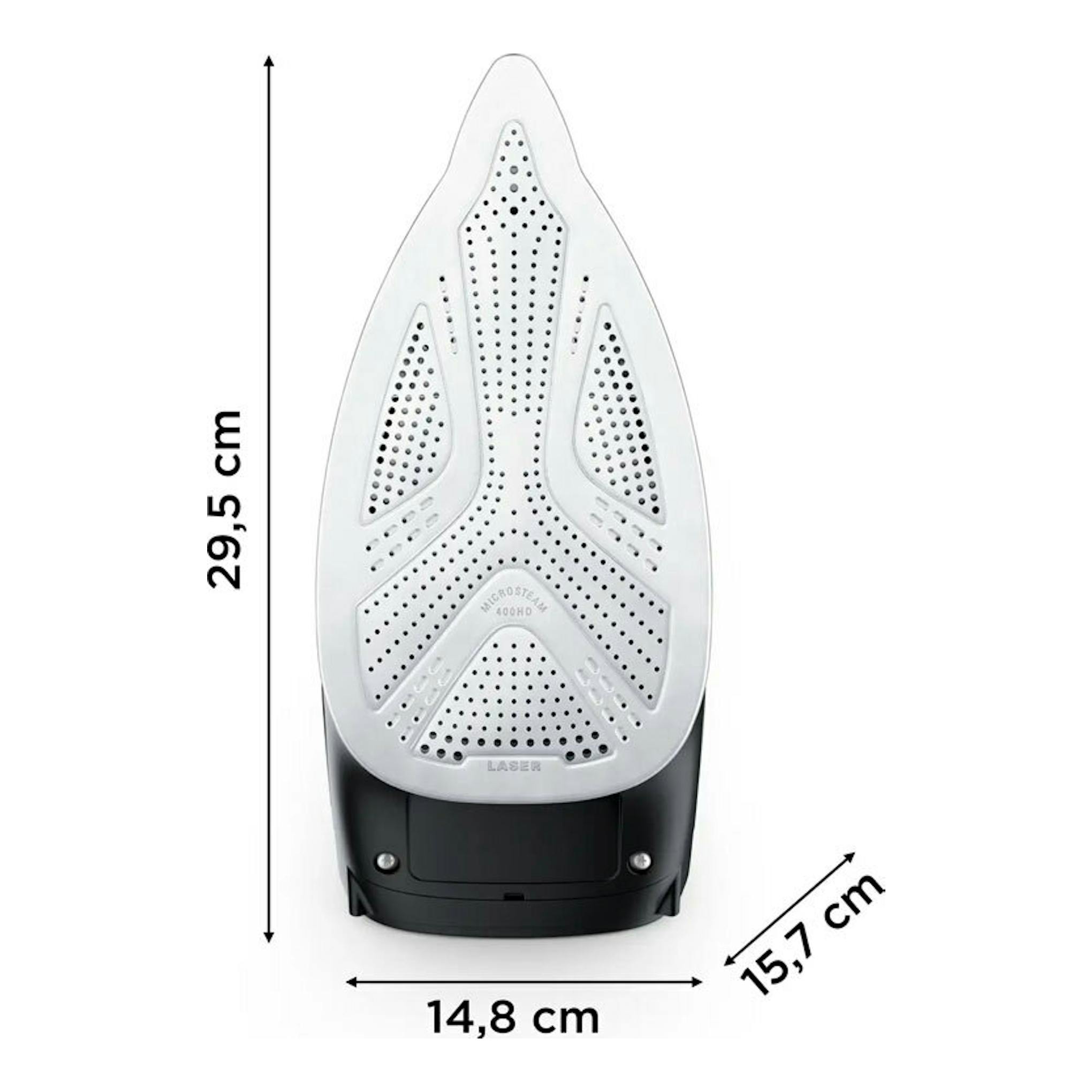 Plancha de vapor Rowenta DW5310D1, vista inferior blanca y negra, con medidas 29,5 x 14,8 x 15,7 cm.