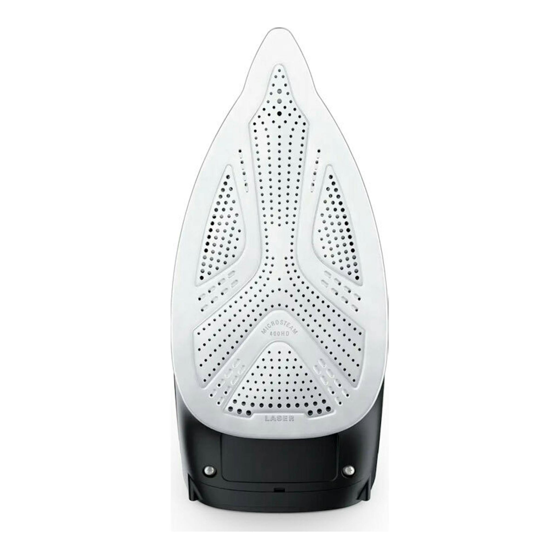 Plancha de vapor Rowenta DW5310D1 en vista frontal, blanca y negra, con suela perforada visible.