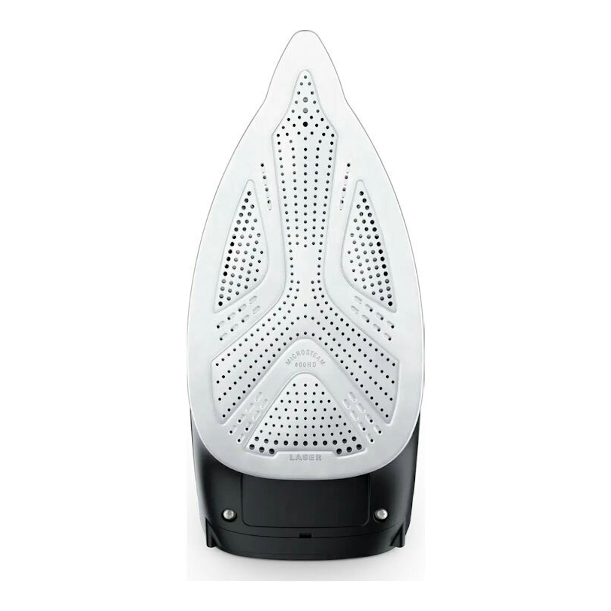 Plancha de vapor Rowenta DW5310D1 en vista frontal, blanca y negra, con suela perforada visible.