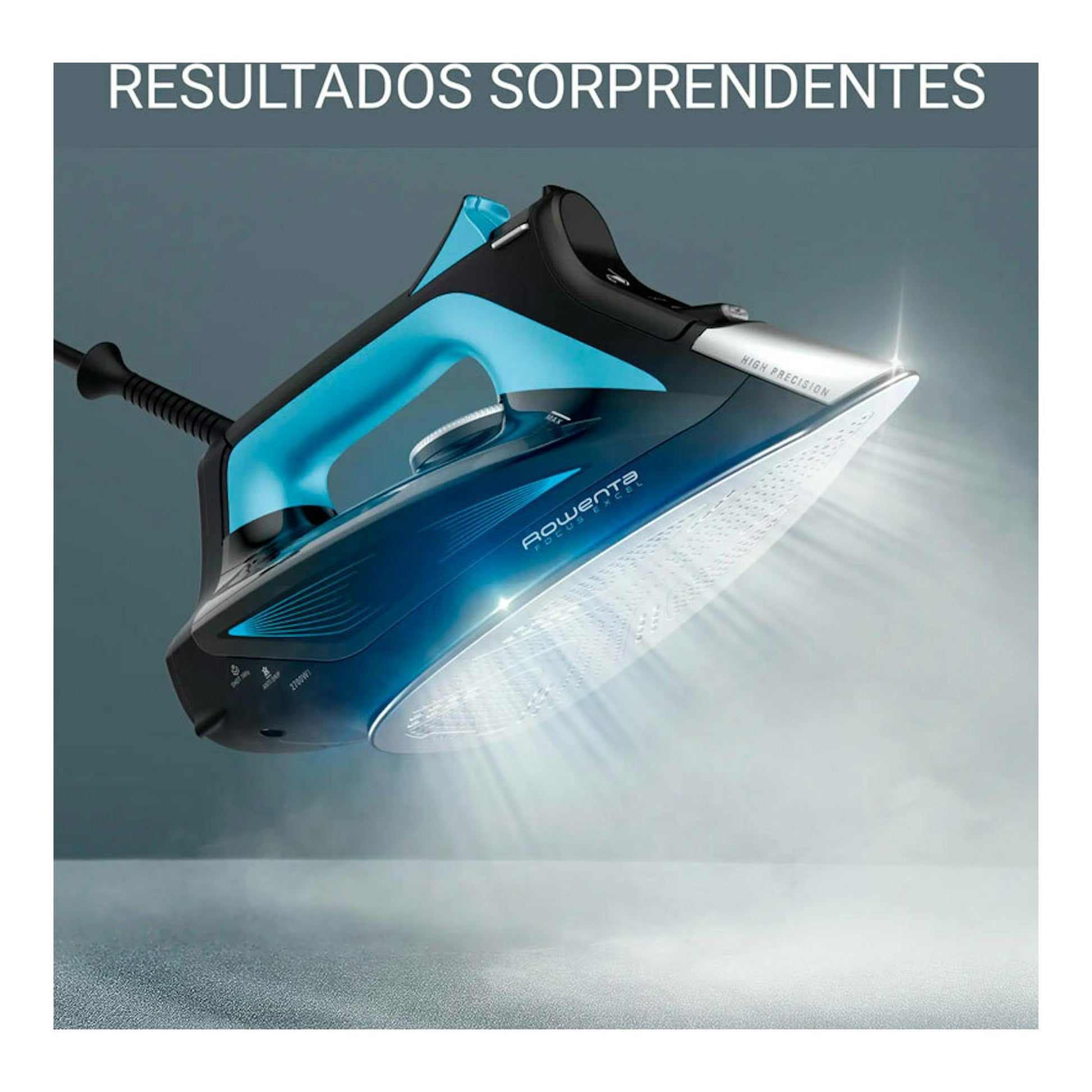 Plancha de vapor Rowenta azul y negra, vista en ángulo, con suela metálica y cable visible.