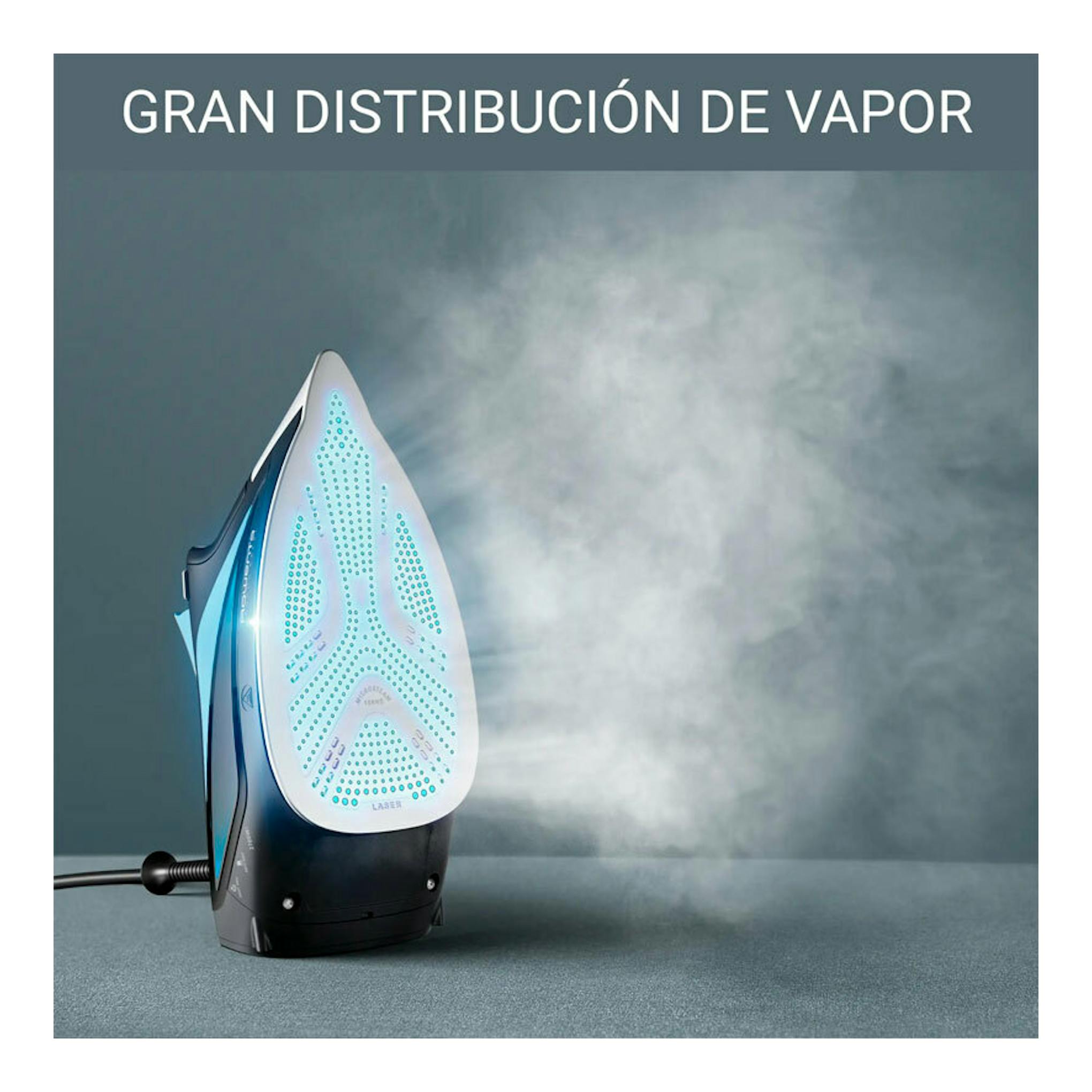 Plancha de vapor Rowenta DW5310D1 en vista frontal, blanca y azul, expulsando vapor sobre fondo gris.