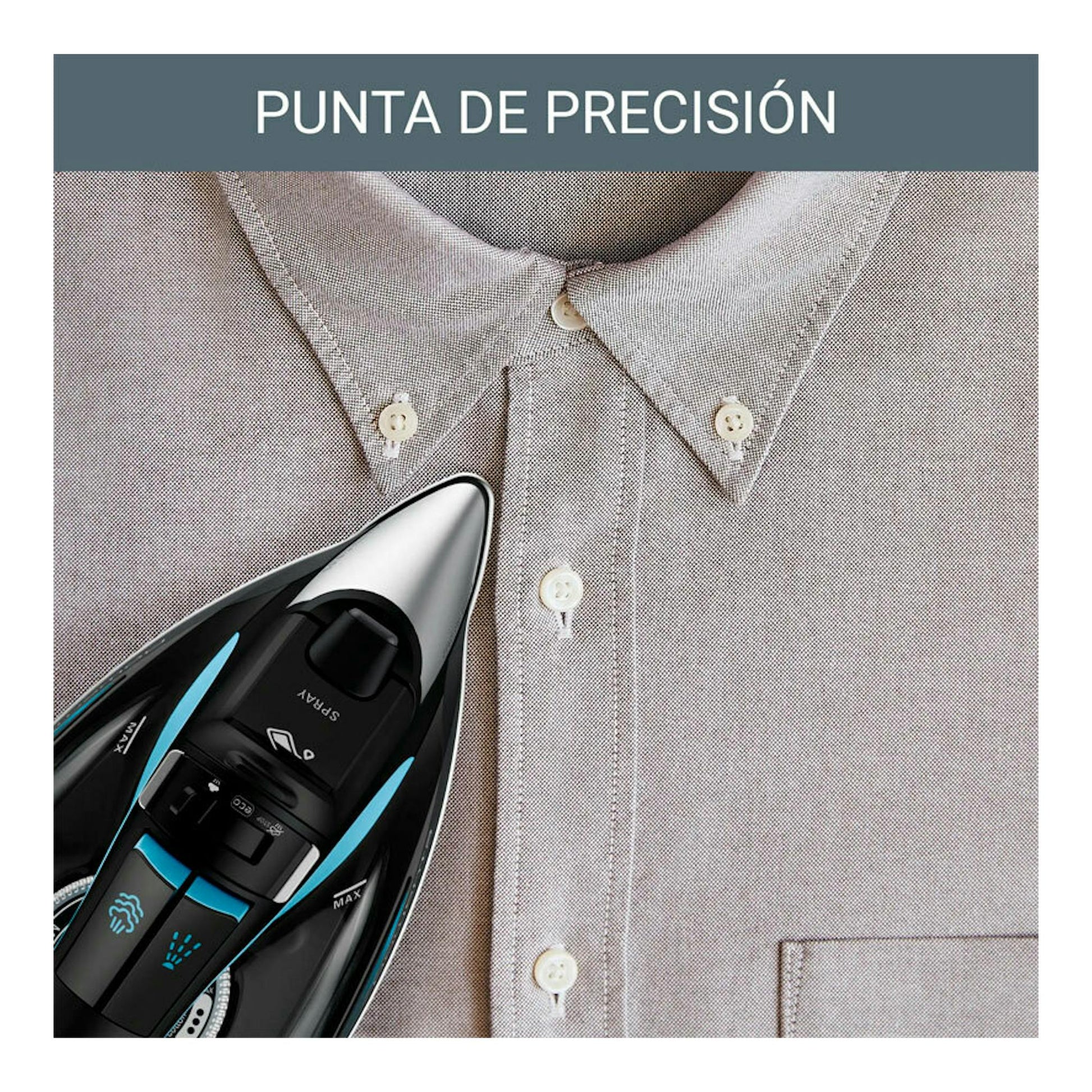 Plancha de vapor Rowenta DW5310D1 negra y azul sobre una camisa de botones, vista en primer plano.