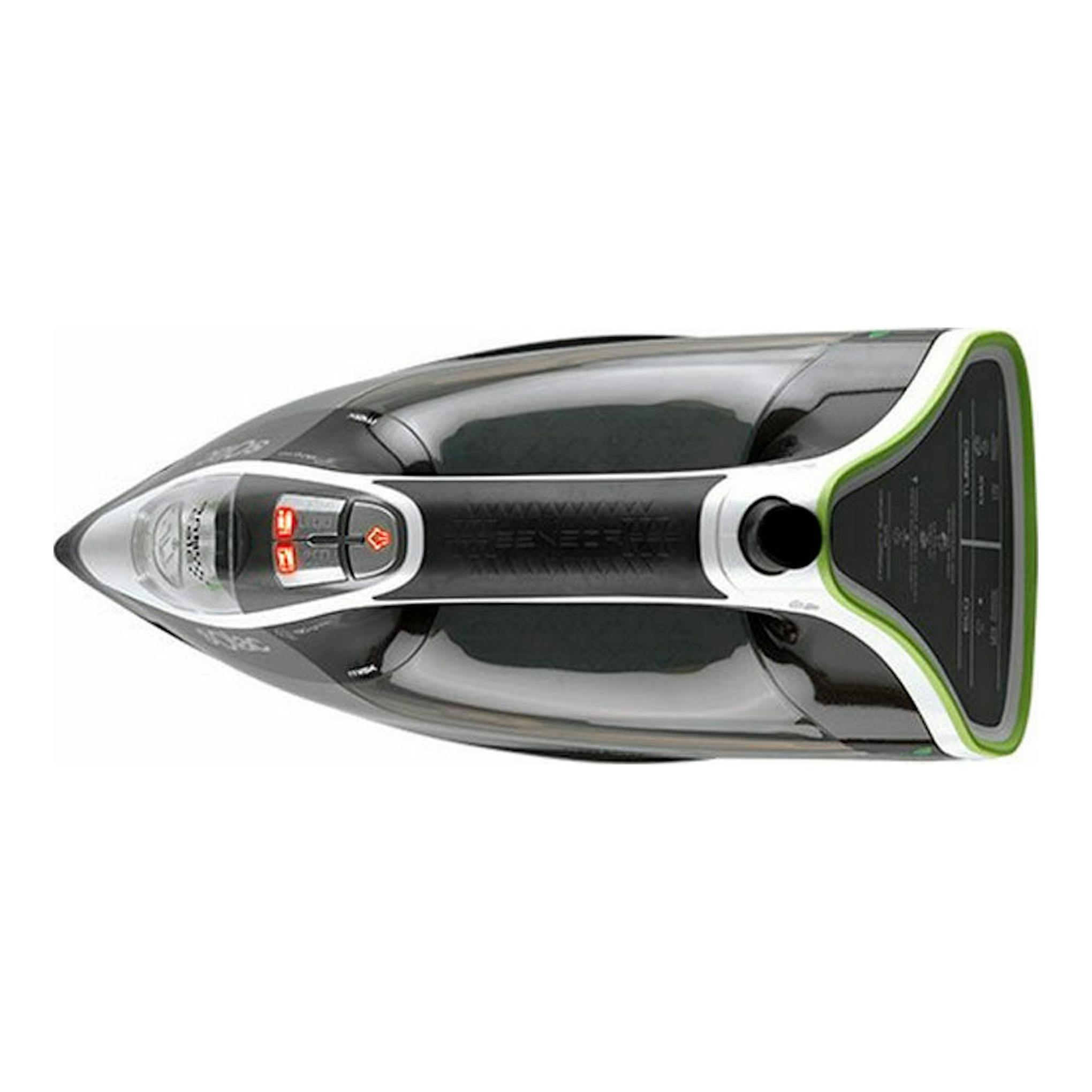 Plancha de vapor Solac CVG9512, vista superior, negra y gris con detalles verdes.