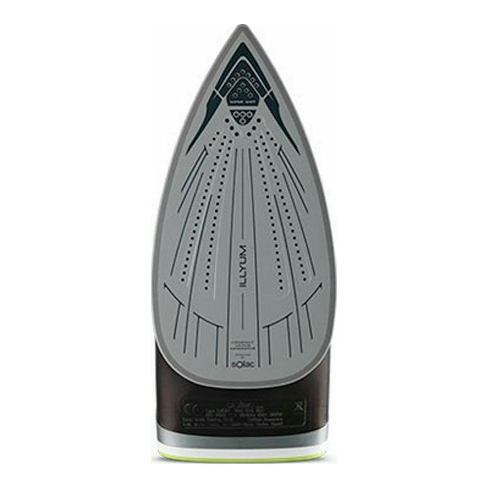 Plancha de vapor Solac CVG9512, vista frontal, base gris con detalles negros, sobre fondo blanco.