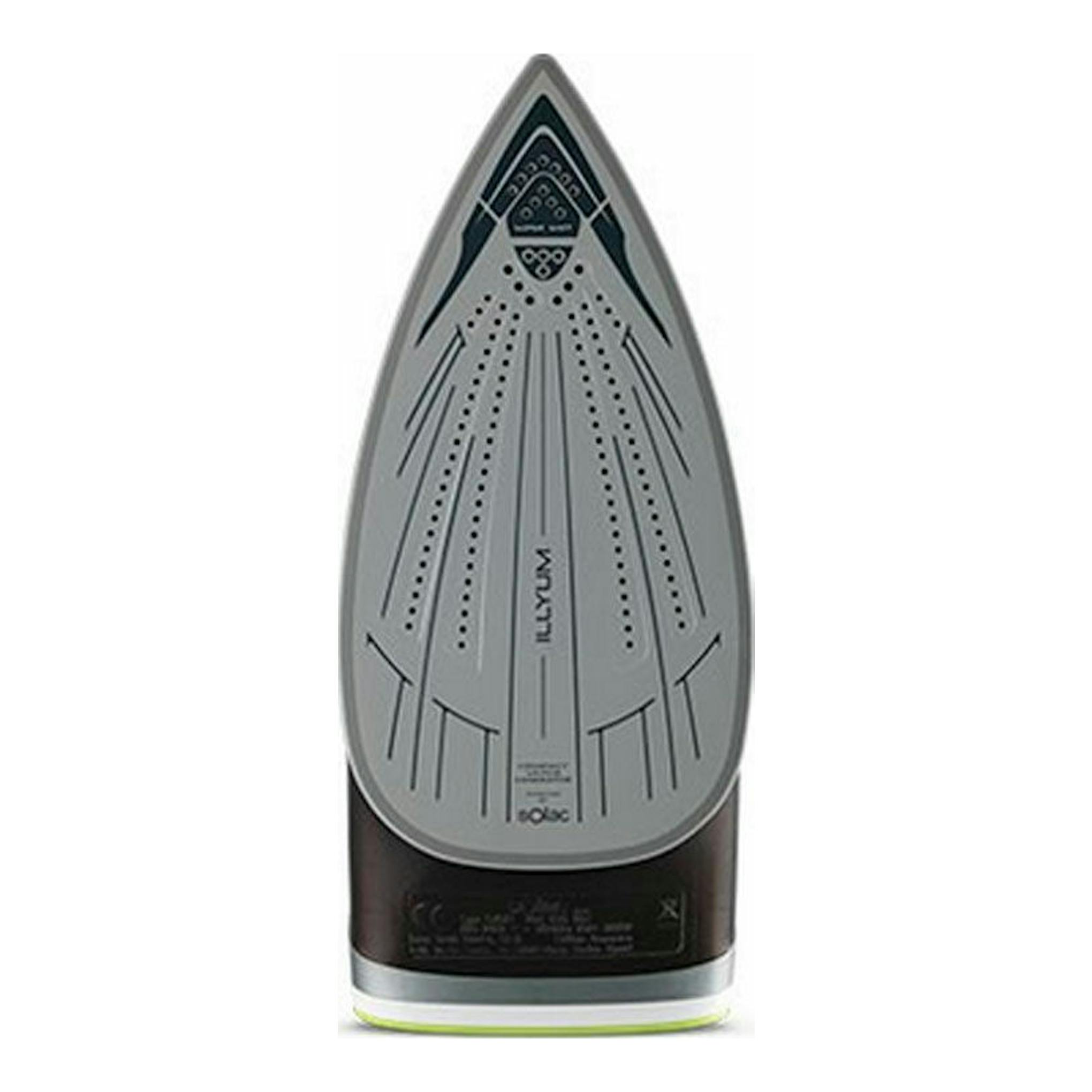 Plancha de vapor Solac CVG9512, vista frontal, base gris con detalles negros, sobre fondo blanco.