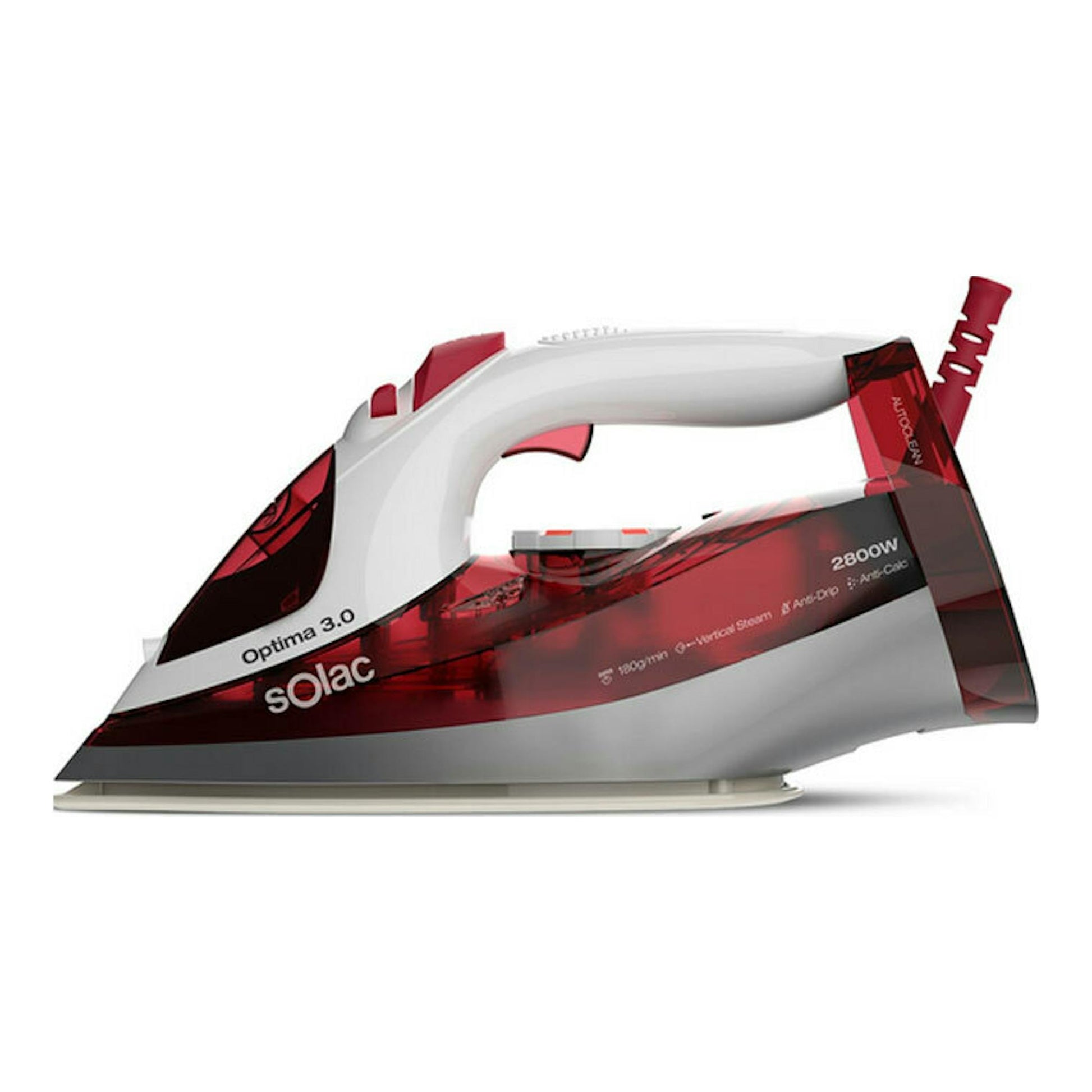Plancha de vapor Solac Optima 3.0, vista lateral, blanca y roja, sobre fondo blanco.
