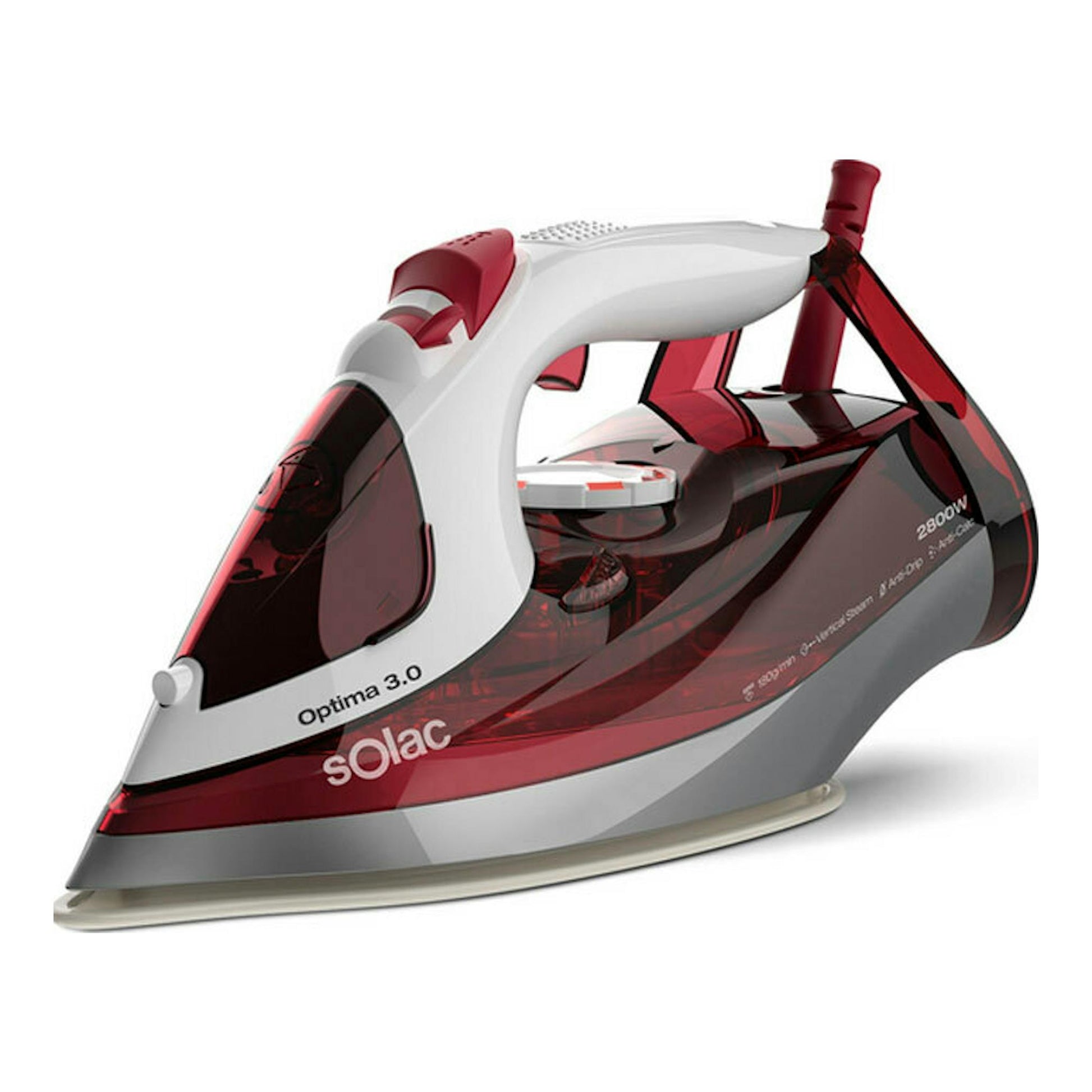 Plancha de vapor Solac Optima 3.0, vista lateral, en blanco y rojo, con depósito transparente.