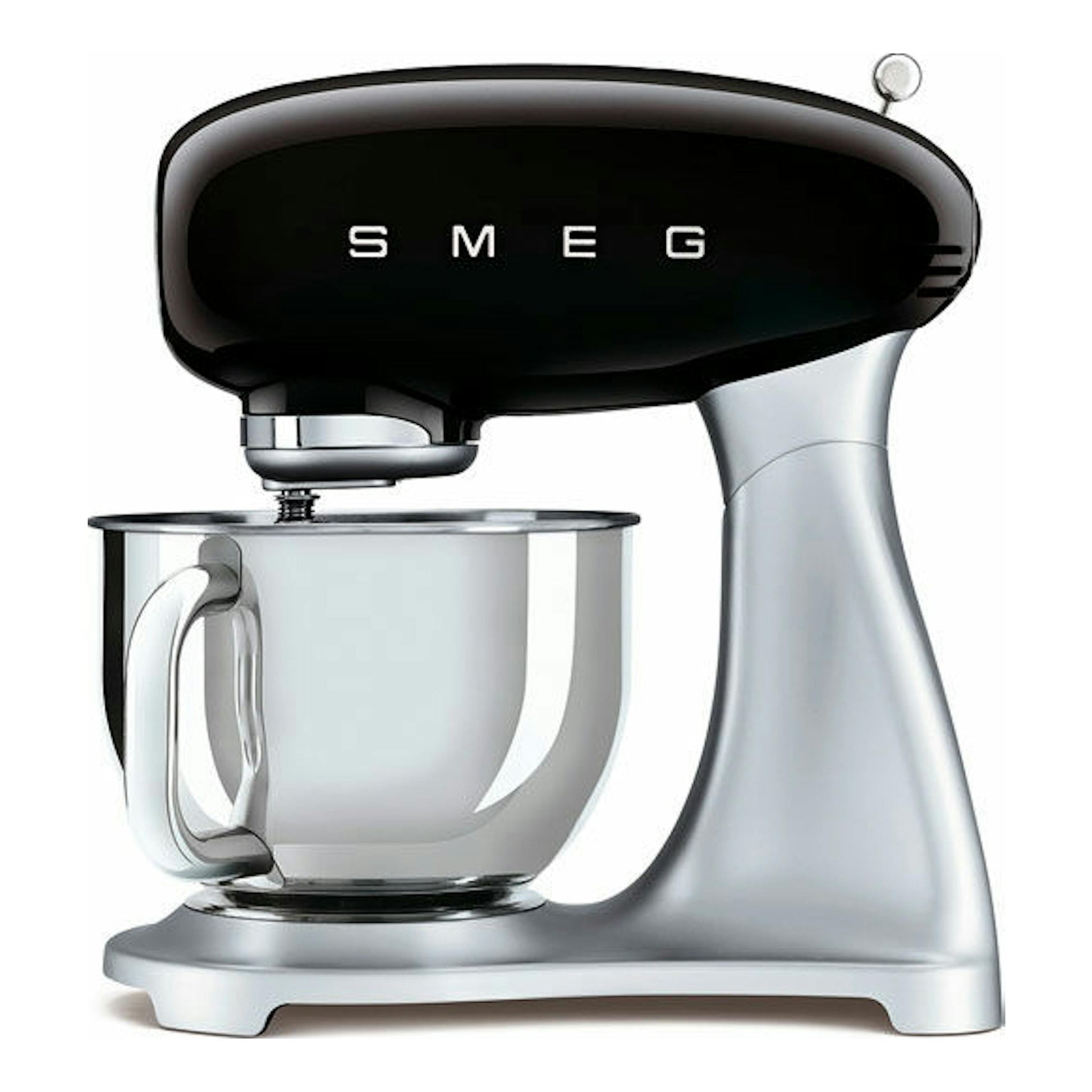 Batidora amasadora Smeg SMF02BLEU negra y plata, vista frontal, con bol metálico.