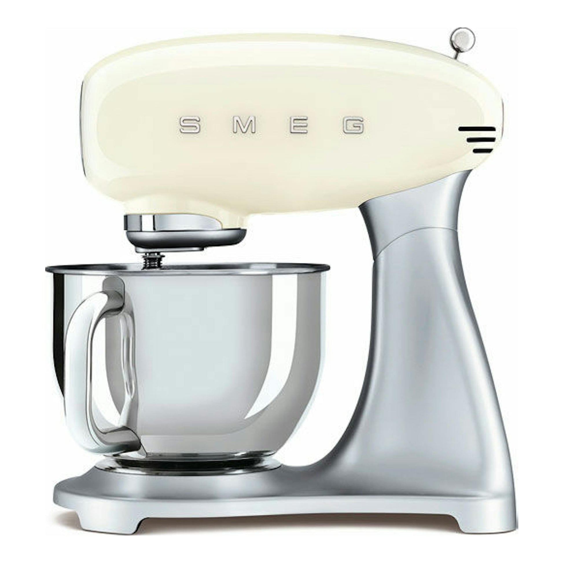 Batidora amasadora Smeg SMF02CREU color crema y plata, vista lateral, con bol de acero inoxidable.