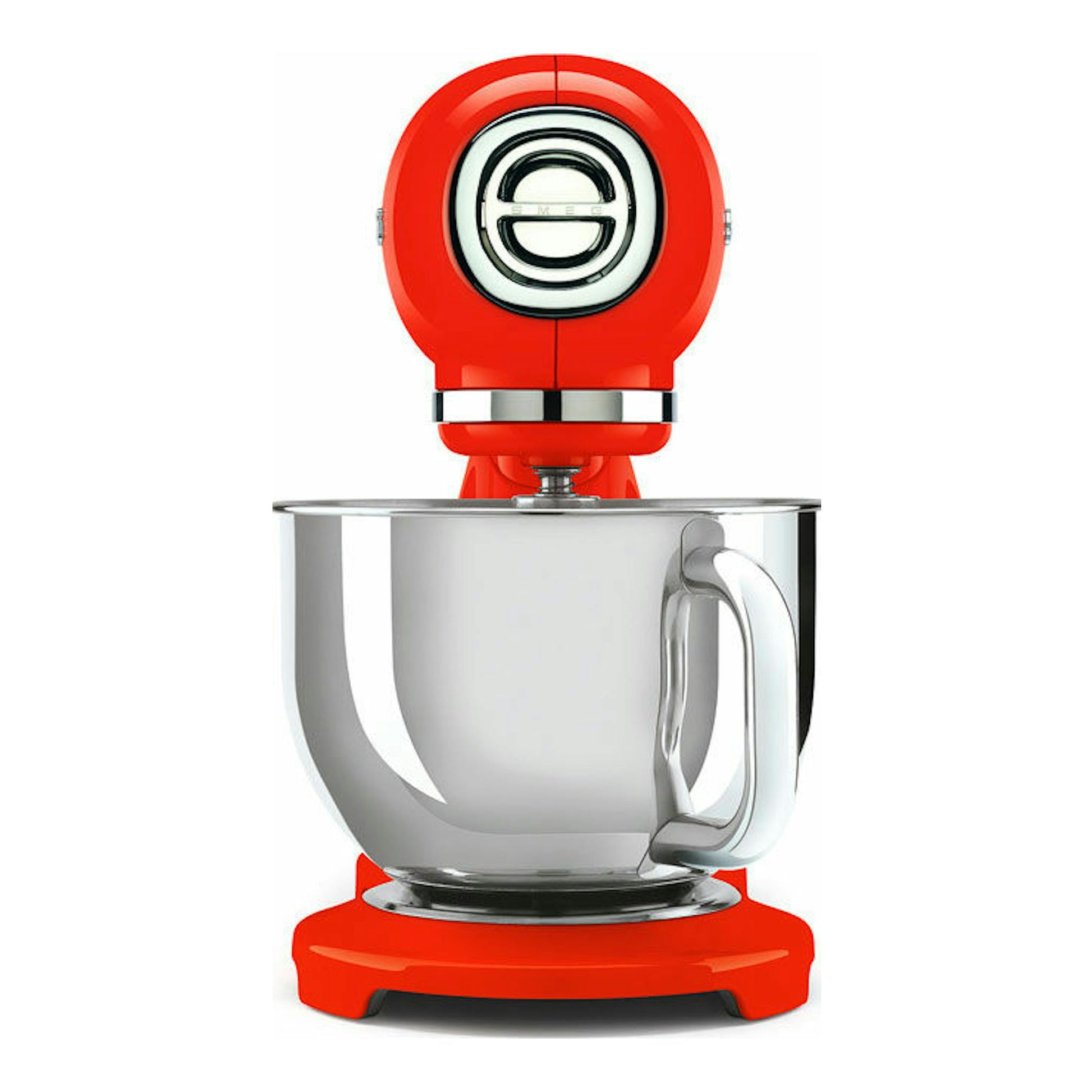 Batidora amasadora Smeg SMF03RDEU roja, vista frontal, con bol de acero inoxidable.